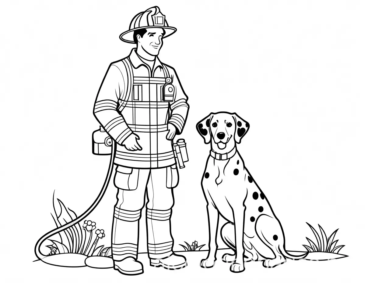 Fireman with a dalmation next to a hyrdant, Coloring Page, black and white, line art, white background, Simplicity, Ample White Space. The background of the coloring page is plain white to make it easy for young children to color within the lines. The outlines of all the subjects are easy to distinguish, making it simple for kids to color without too much difficulty