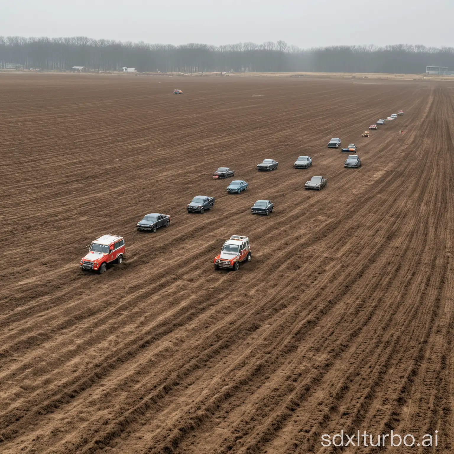 Cars are running in the field