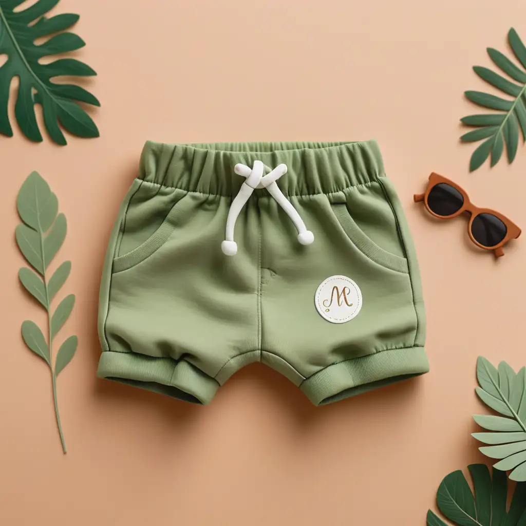 custom image logo representing 
babys shorts, green colour earthy feels and colours