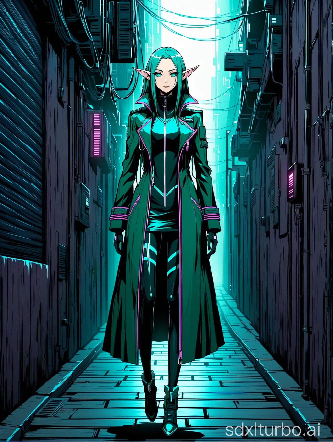 tall slender techno elf, pointed ears, long coat, dark cyberpunk alleyway