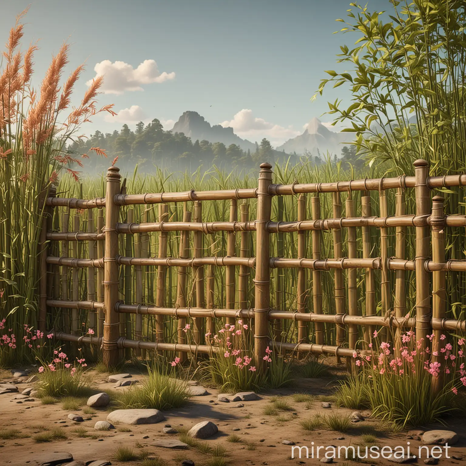 Create a detailed bamboo fence asset for a 2D game, inspired by the work of artist(s) Ivan Hoo, Rebecca Green, and Kyle T. Webster. The fence should be crafted from realistic bamboo with visible wire elements, designed to fit horizontally in a parallax view environment. The style should match the vibrant, pinkish-brown grass field and the overall aesthetic of the provided image. Display the fence on a 100% white background for easy integration. Ensure the design allows visibility through the fence to maintain the scenic background.