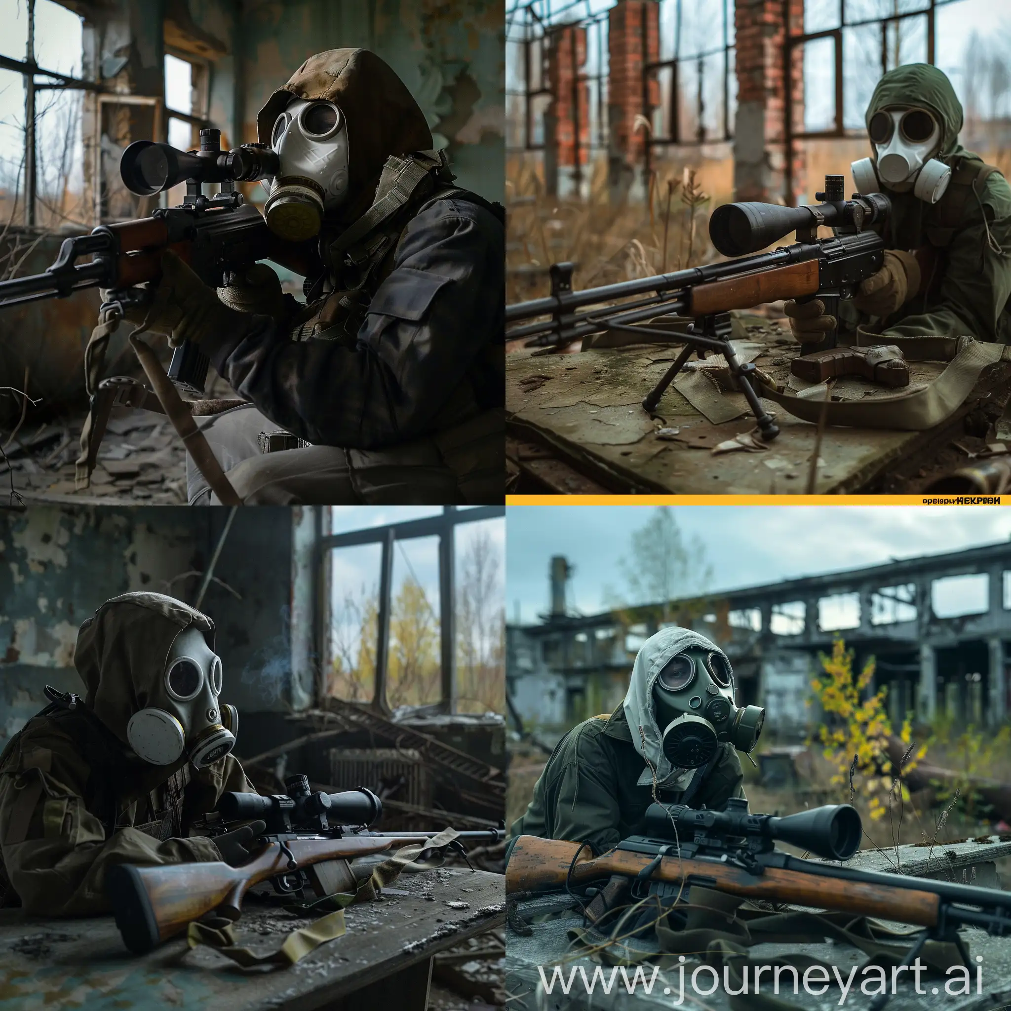 Stalker, abandoned Pripyat, loner stalker, sniper rifle, gasmask.