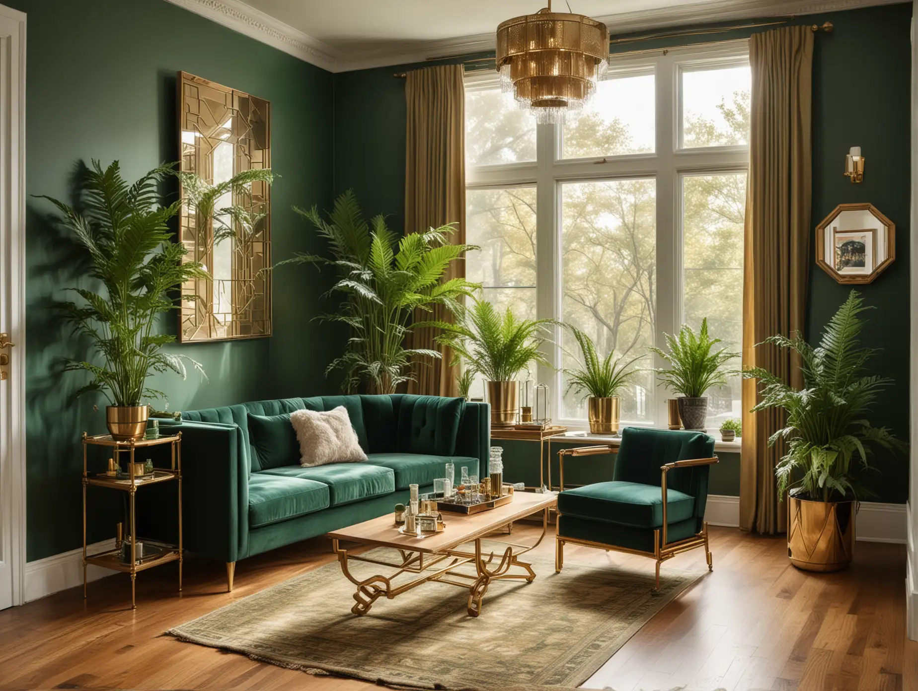 A wide shot of An art deco-inspired living room with emerald green walls, gold accents in the furniture and lighting, polished oak floors, fern plants in metallic planters, and a large window showing sunny weather outside, with shadows creating geometric patterns on the floor. The wide shot from the hallway includes a vintage bar cart, a stylish floor lamp, and additional seating with a retro armchair and side table