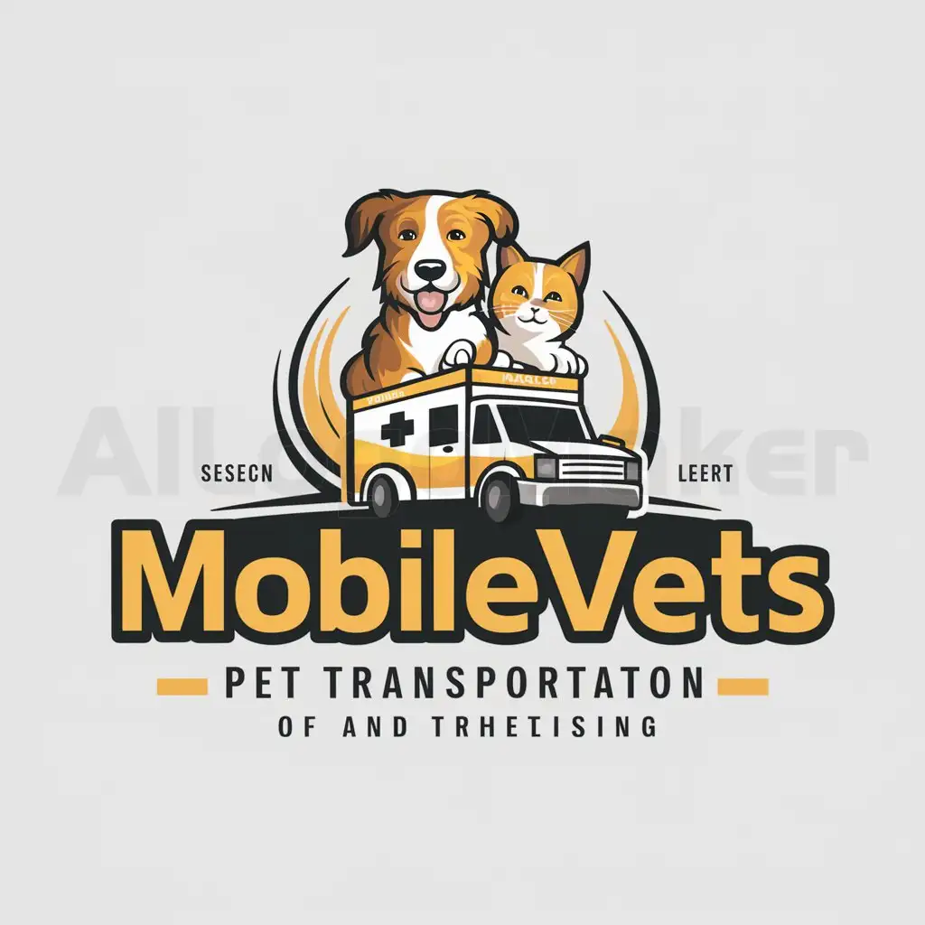 a logo design,with the text "MobileVets", main symbol:dog and cat on an ambulance, yellow font, colorful, animal care,complex,be used in Animals Pets industry,clear background