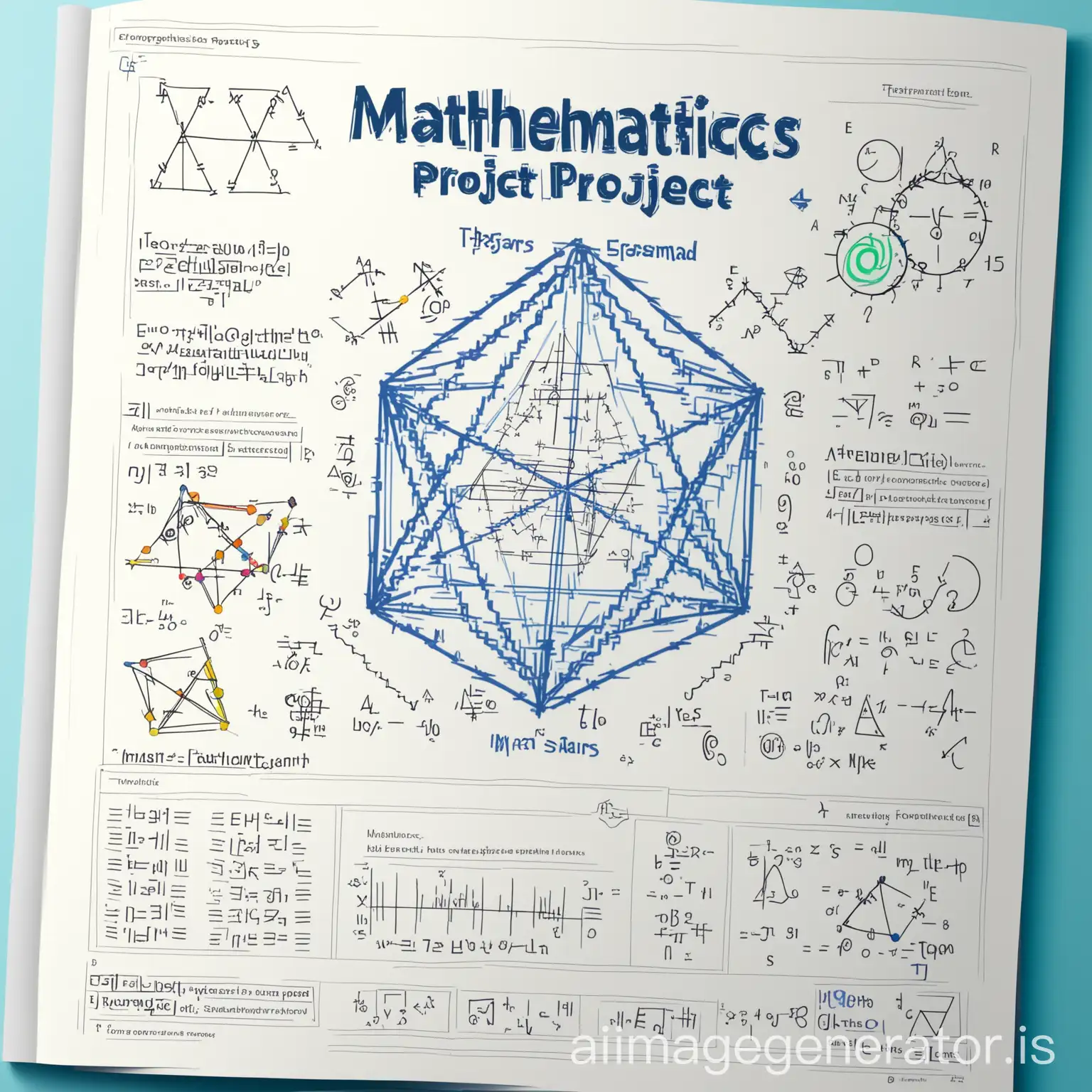a visually appealing front page for a math project. The design should be clean, futuristic, and professional. The title 'Mathematics Project' should be prominently displayed at the top in bold, clear font. Below the subtitle, include 'Name: [Sourav saras]', 'Class: [class 7]'. Incorporate illustrative graphics such as mathematical symbols (π, Σ, √), diagrams (geometric shapes, graphs), or relevant images ( equations). The background should have subtle geometric patterns or mathematical symbols in light colours that enhance the theme without overpowering the content. Include simple borders that complement the design. Use a colour scheme of blue, white, and Gray, with accents in green for emphasis. Integrate light mathematical doodles or formulas subtly into the background.",