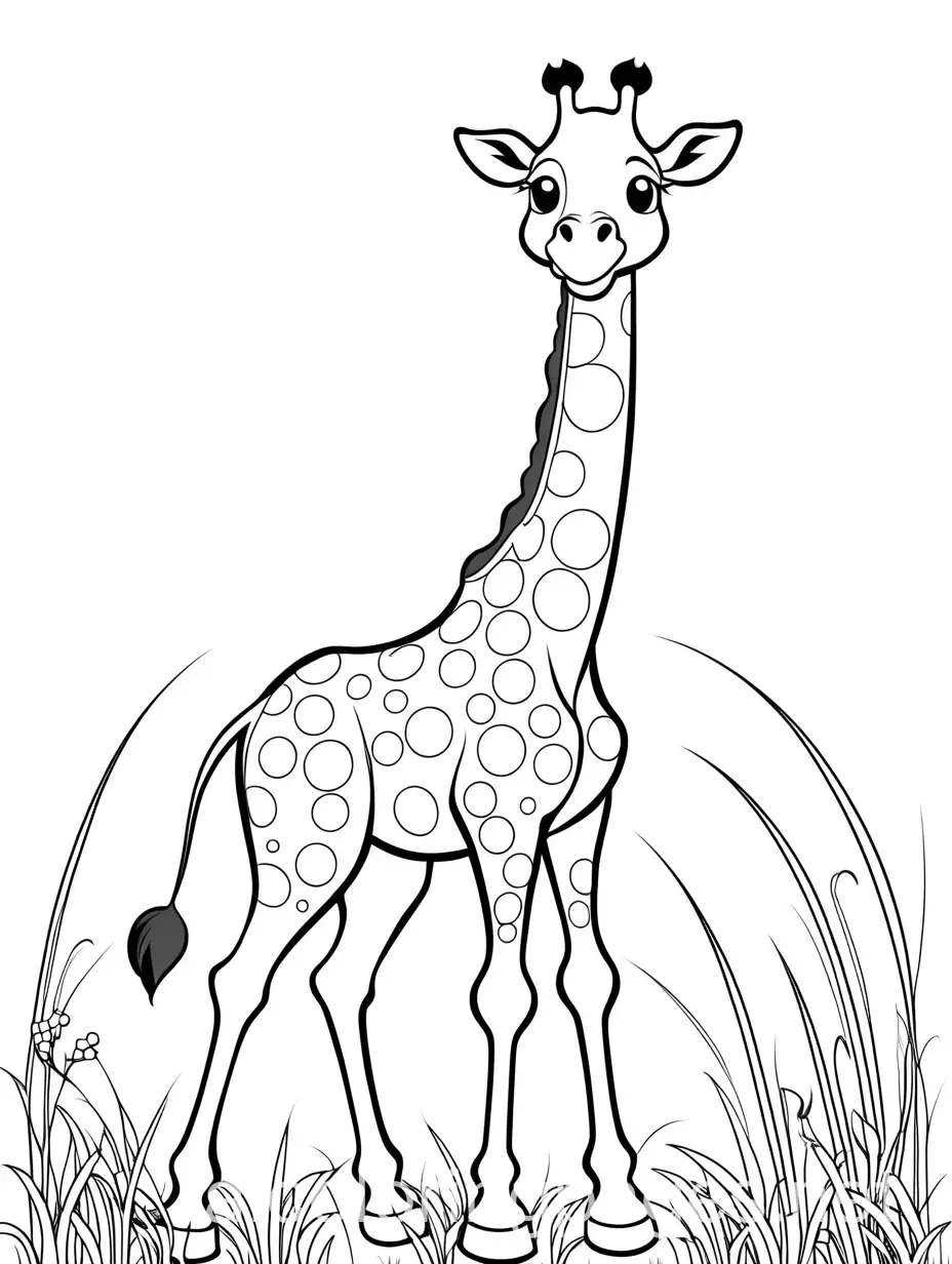 cute happy giraffe , cartoon, in the grassland, Coloring Page, black and white, line art, white background, Simplicity, Ample White Space. The background of the coloring page is plain white to make it easy for young children to color within the lines. The outlines of all the subjects are easy to distinguish, making it simple for kids to color without too much difficulty