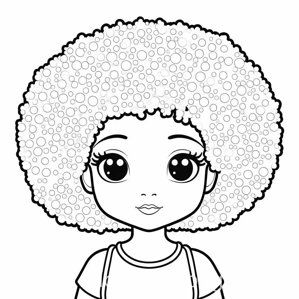 a little black girl with afro hair, kawaii style, Coloring Page, black and white, line art, white background, Simplicity, Ample White Space