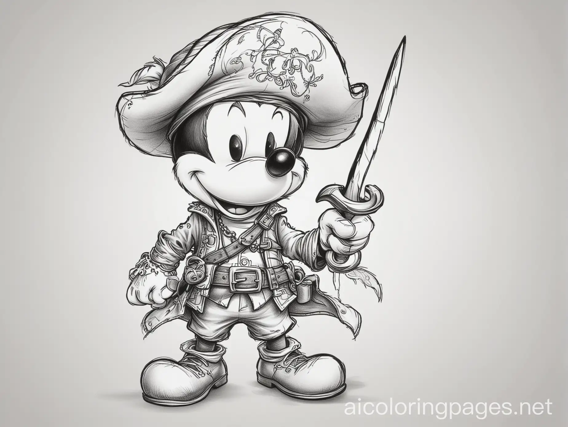 mickey mouse dressed like a pirate, Coloring Page, black and white, line art, white background, Simplicity, Ample White Space. The background of the coloring page is plain white to make it easy for young children to color within the lines. The outlines of all the subjects are easy to distinguish, making it simple for kids to color without too much difficulty