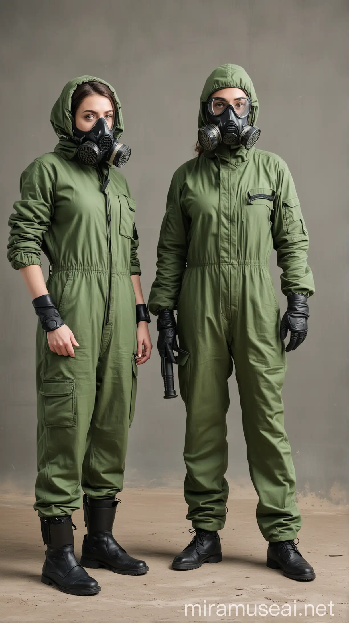 Woman and man standing separately, with distance them, left and right side of the picture, wearing full gas mask and green jump suit, photo