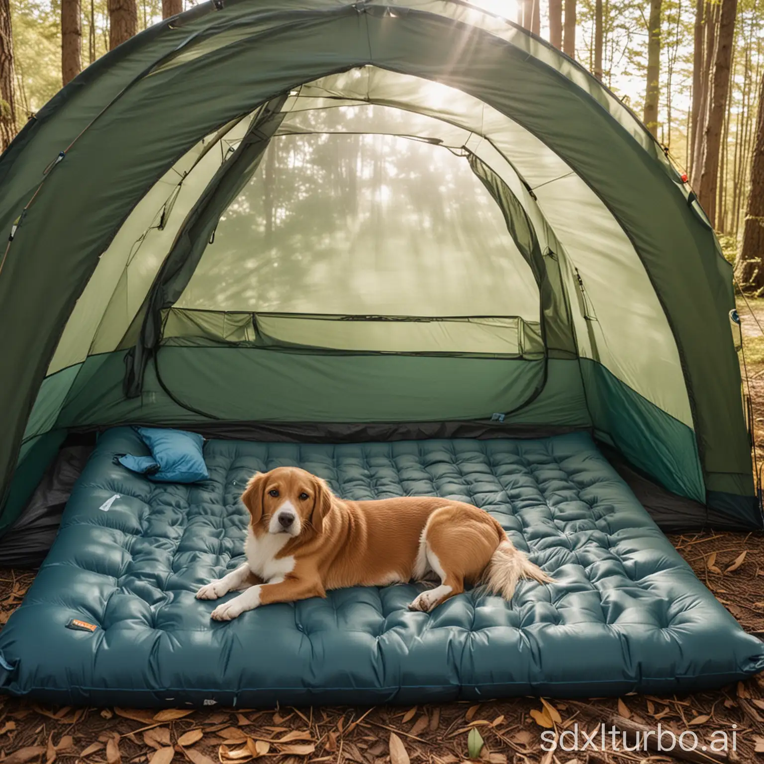 A peacock blue inflatable sleeping mat inside the tent. This sleeping mat comes with an air pillow. There are backpacks, quilts and other camping supplies inside the tent. There is a puppy sitting on the sleeping mat, looking outside the tent. The scenery outside the tent is very beautiful. , there are woods, streams and sunshine