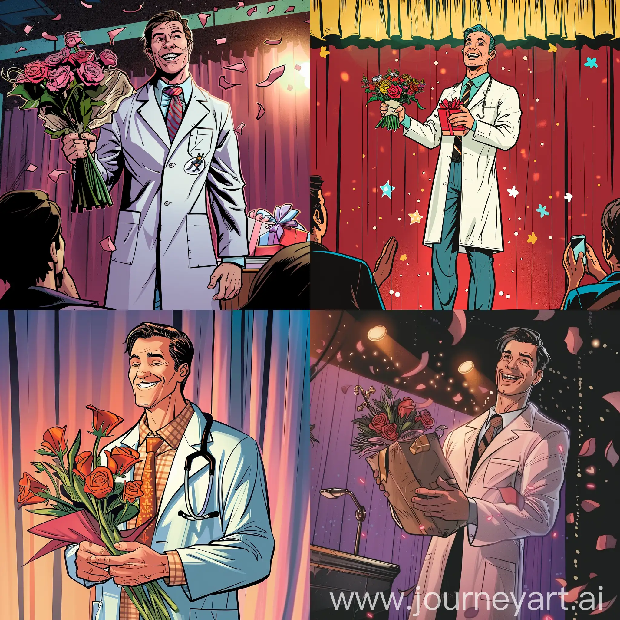 врач в костюме стоит на сцене, ему все  апплодируют и дарят подарки и цветы, он улыбается, изображение в формате комикса 
