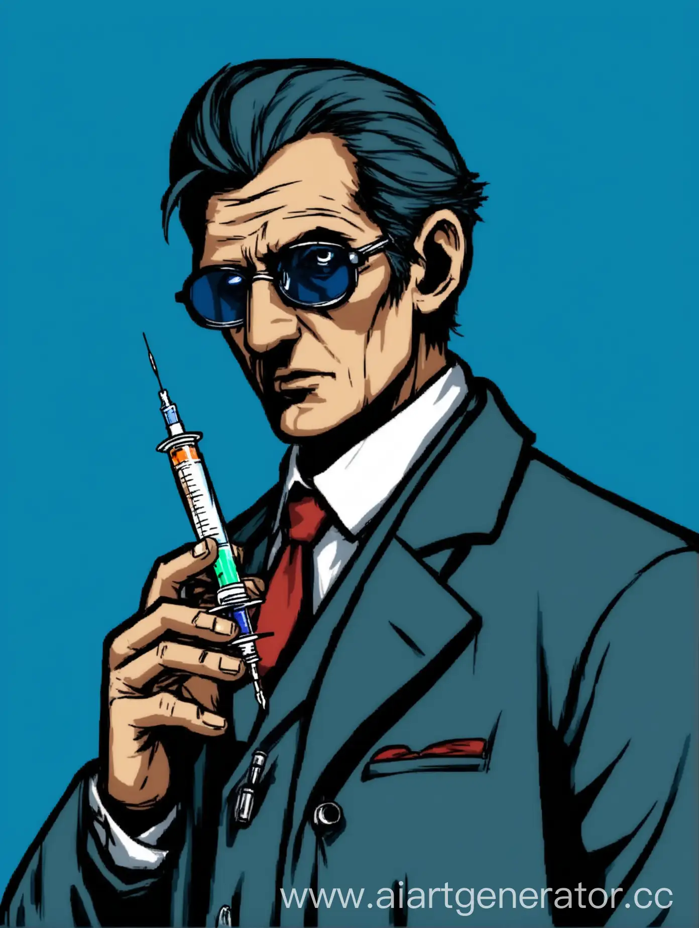 Mafia-Doctor-Holding-Syringe-Against-Blue-Background