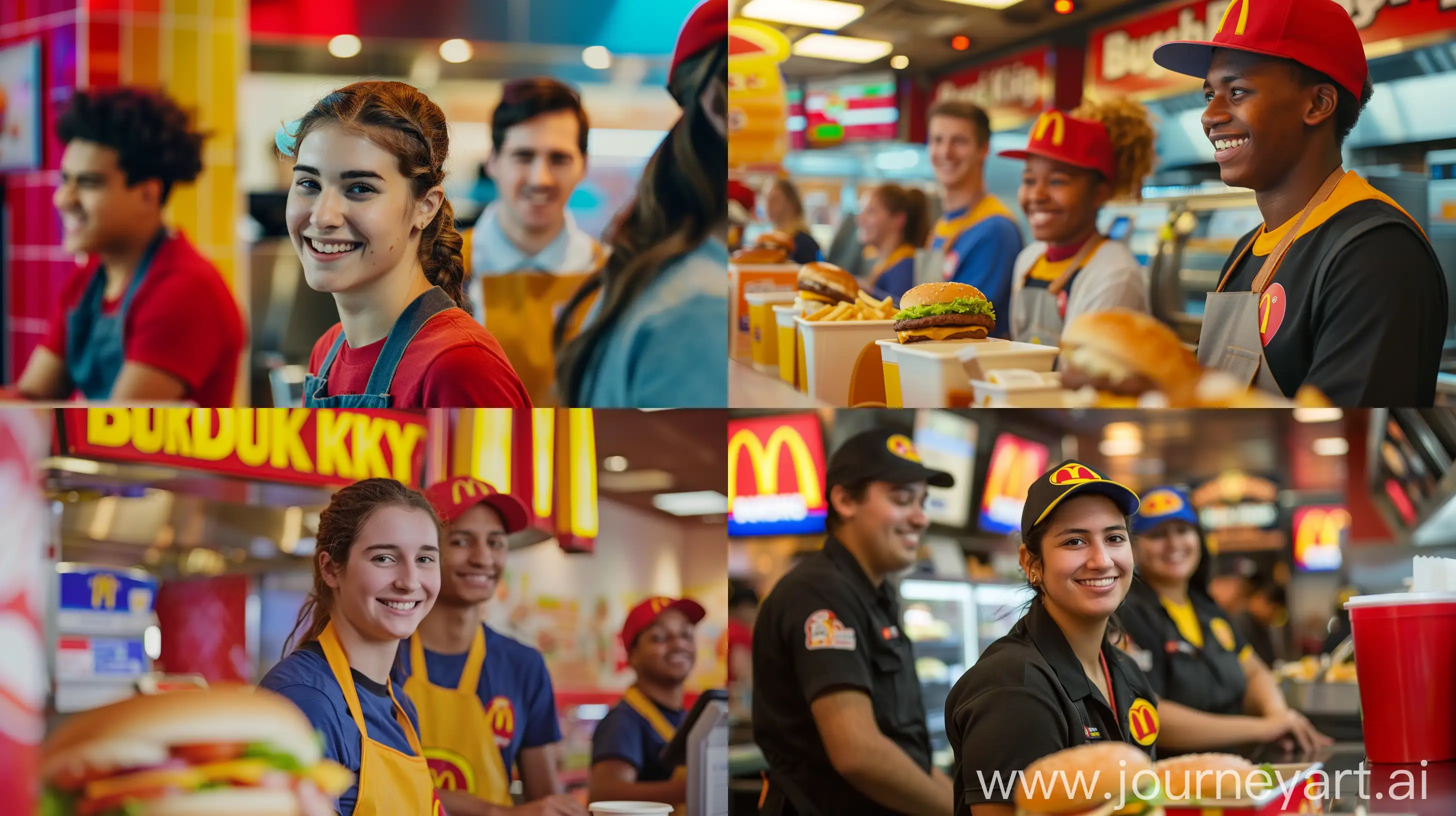 /imagine prompt: Introduction to Burger King and job opportunities available, benefits of working including competitive pay and flexible hours, testimonials from current employees who advanced, application process and requirements, training and development opportunities, FAQ section, contact information. Visual: Prominent Burger King logo, smiling employees in a fast-paced environment, color scheme with red, yellow, and blue, clean and modern design, headline: 'Join the Whopper Team!' Subheadline: 'Looking for a job that fits your schedule? Come work with us at Burger King!'::3 --aspect 16:9 