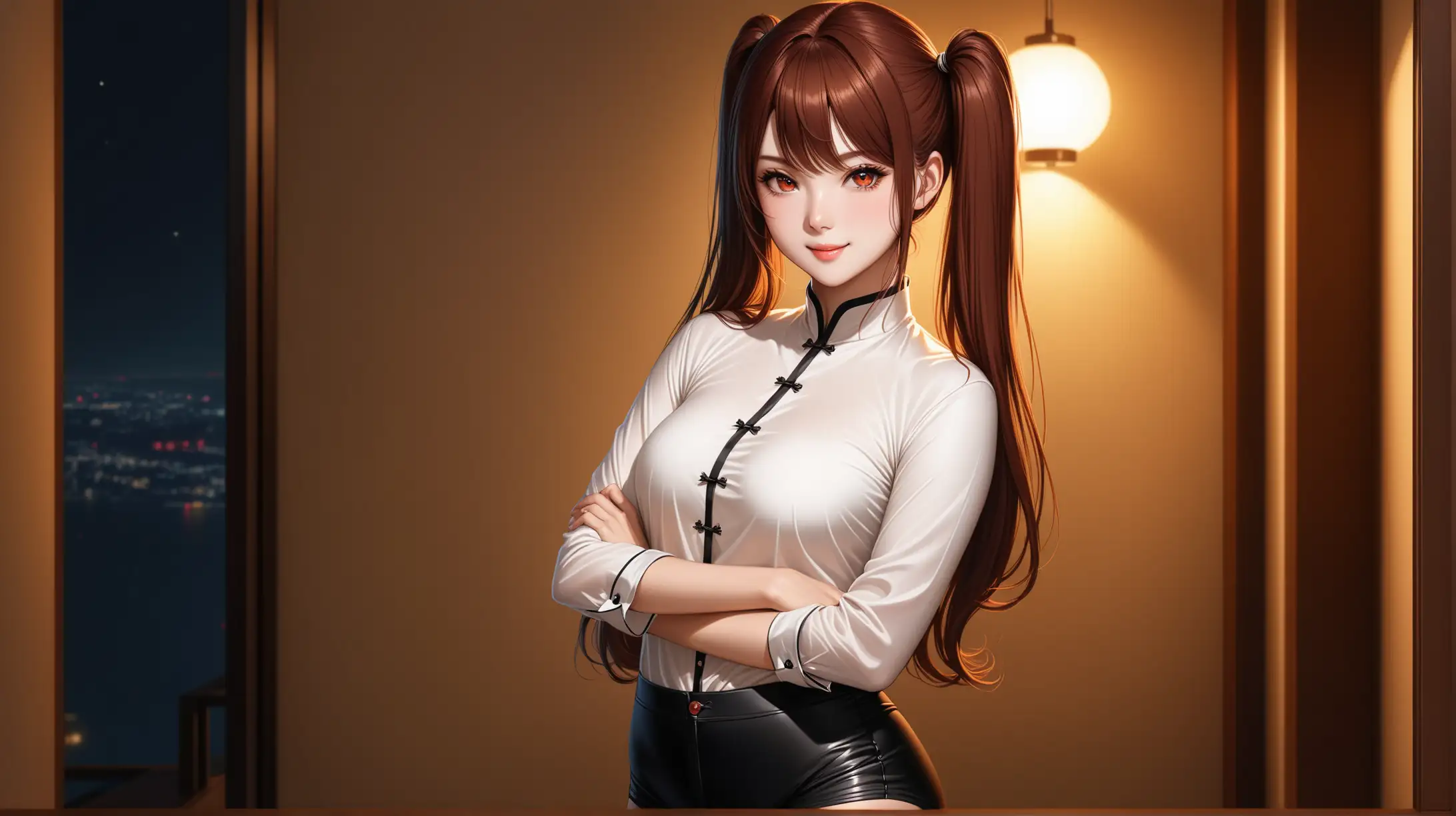 Draw a woman, extremely long reddish-brown hair, two high parted twintails, side locks, side-swept bangs, scarlet eyes, perky figure, high quality, realistic, accurate, detailed, long shot, night lighting, indoors, seductive pose, black shorts, mandarin collar shirt, smiling at the viewer