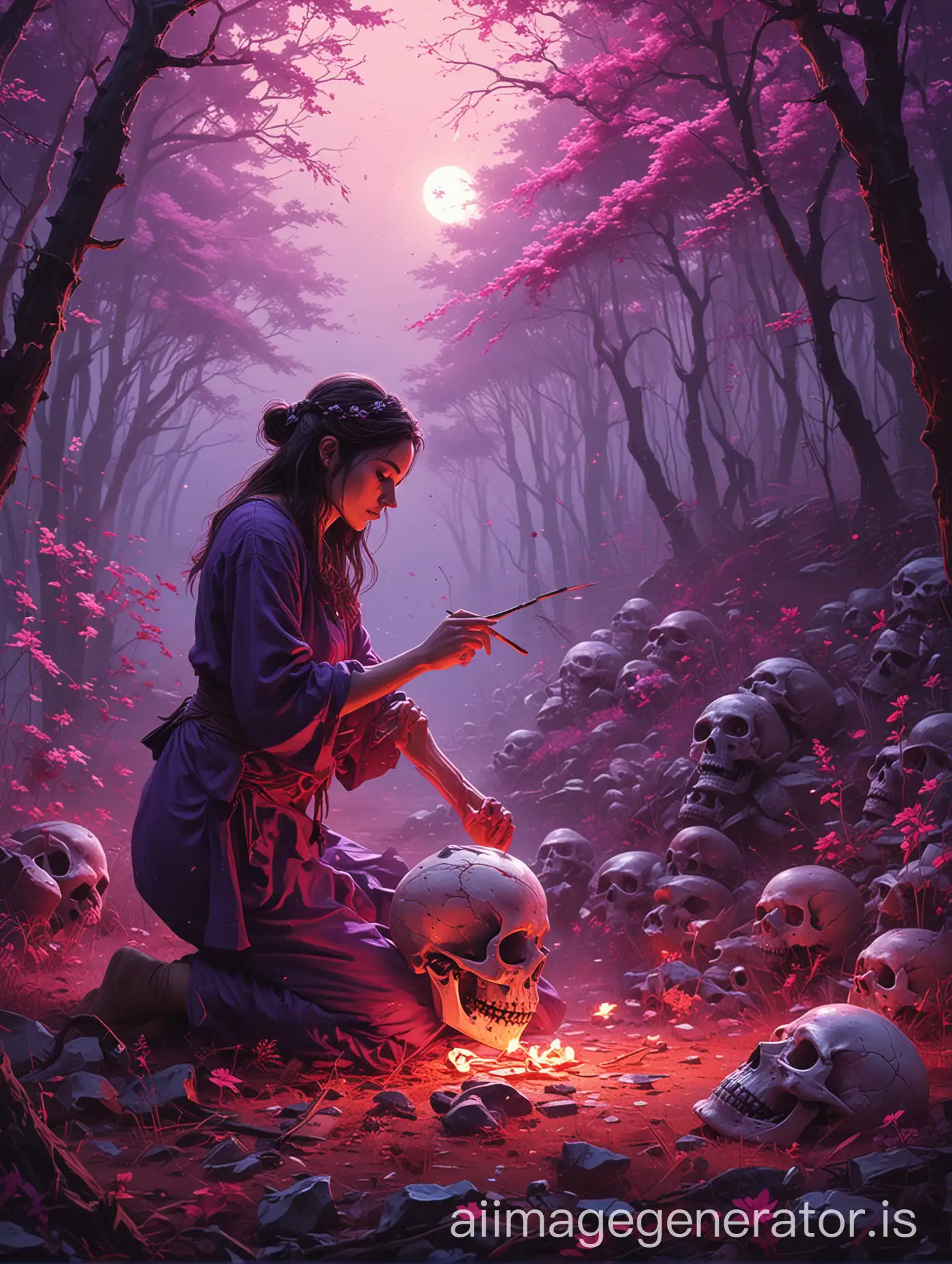 a painting of a female anthropologist uncovering a skull in a hero pose, dream scenery art, anato finnstark and alena aenami, purple and pink colors, art of alena aenami, alena aenami and android jones, 8k stunning artwork, dia de los muertos style, mexican art style, epic digital art illustration, in the style dan mumford artwork, beautiful digital artwork, beautiful art uhd 4 k, mind-bending digital art, Alena Aenami, painting by dan mumford, by Alena Aenami, breathtaking digital art, makoto shinkai cyril rolando, inspired by Cyril Rolando, inspiring digital art, intricate digital painting, digital artwork 4 k