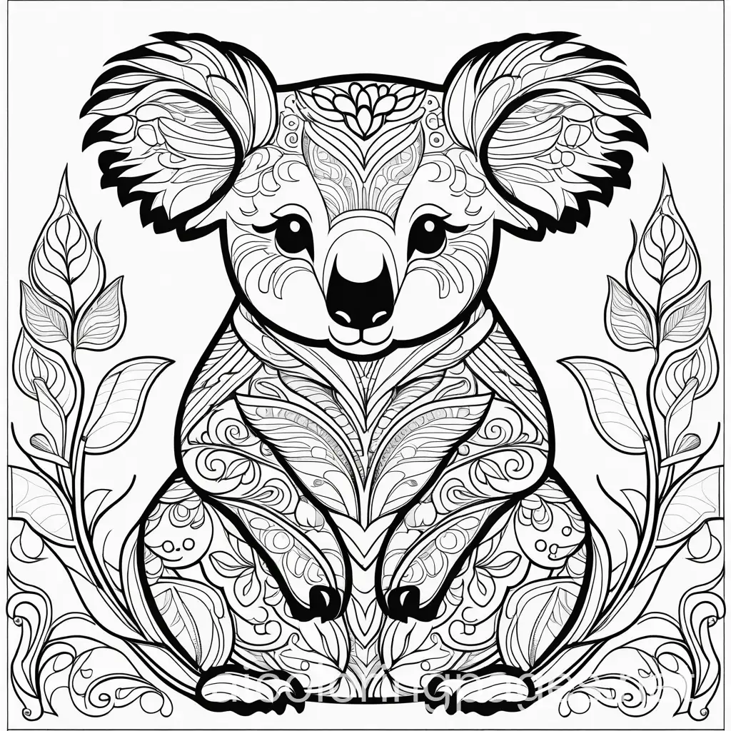 a coloring page for kids of a koala with a paisley pattern inside, coloring page, black and white, no shading, clear thin line art, white background, simplistic, ample white space, easy and plain to make it easy for kids to color inside the lines, easy to distinguish subject outline, limited details, Coloring Page, black and white, line art, white background, Simplicity, Ample White Space