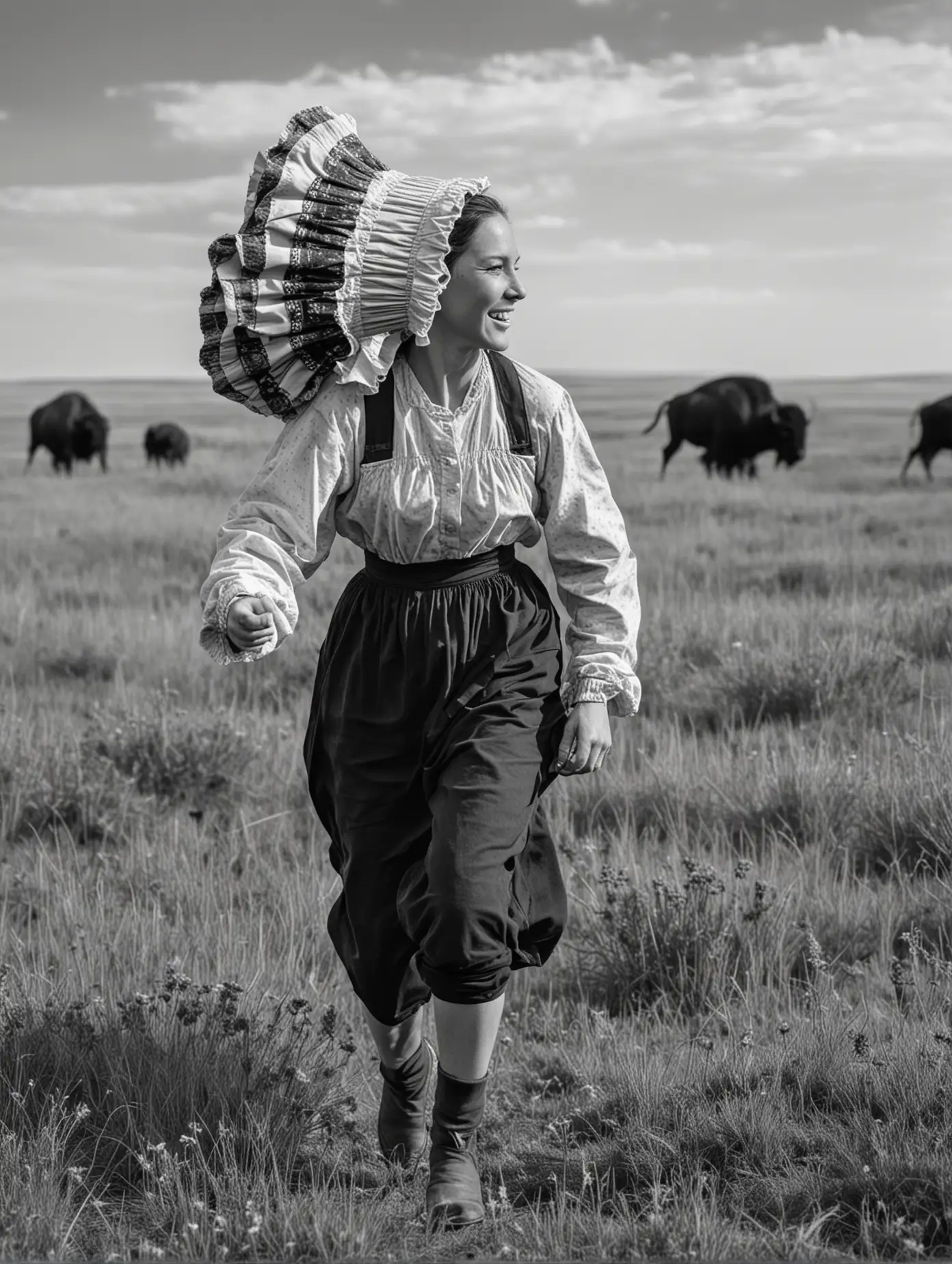 Prairie Pioneer Woman Running with Buffaloes in Black and White
