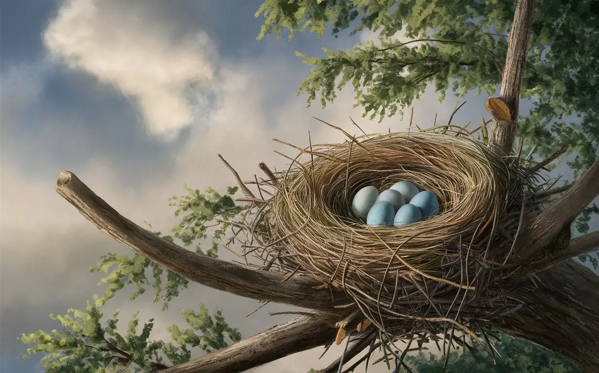 a birds nest with blue eggs in it