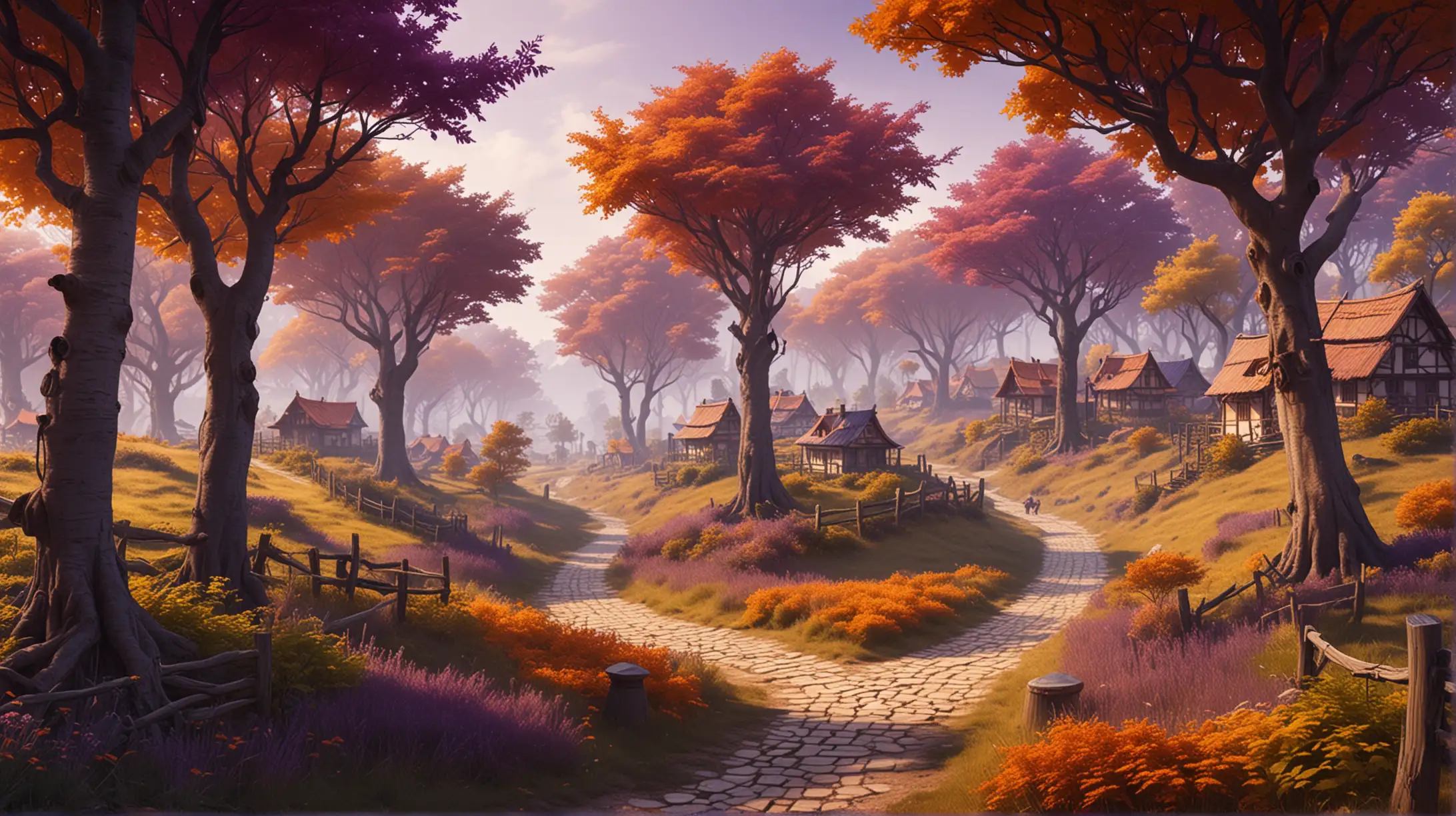 A treed grove with a path leading down.  A village on the horizon and a general warm feel. Purple and Orange colors. Technological theme