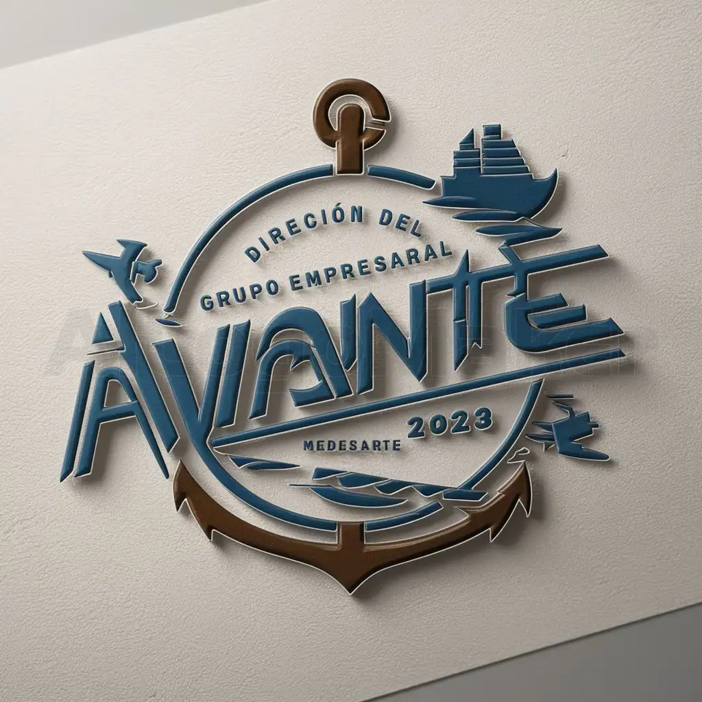 a logo design,with the text 'DIRECCIÓN DEL GRUPO EMPRESARIAL AVANTE', main symbol:logo round with letters in blue king color of sailor's knots white, with white background, brown anchor on top inside, on the right side a ship, on the left side a plane, 2023, Moderate,be used in CORPORACION industry,clear background