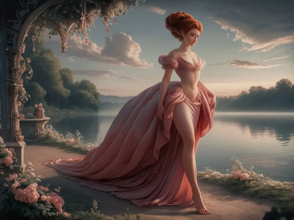 Ауланбу - богиня красоты прекрасная девушка во весь рост в развевающемся розовом платье с каштановыми волосами уложенными в изумительную причёску идёт по берегу спокойного озера ранним утром в стиле барокко фэнтази.