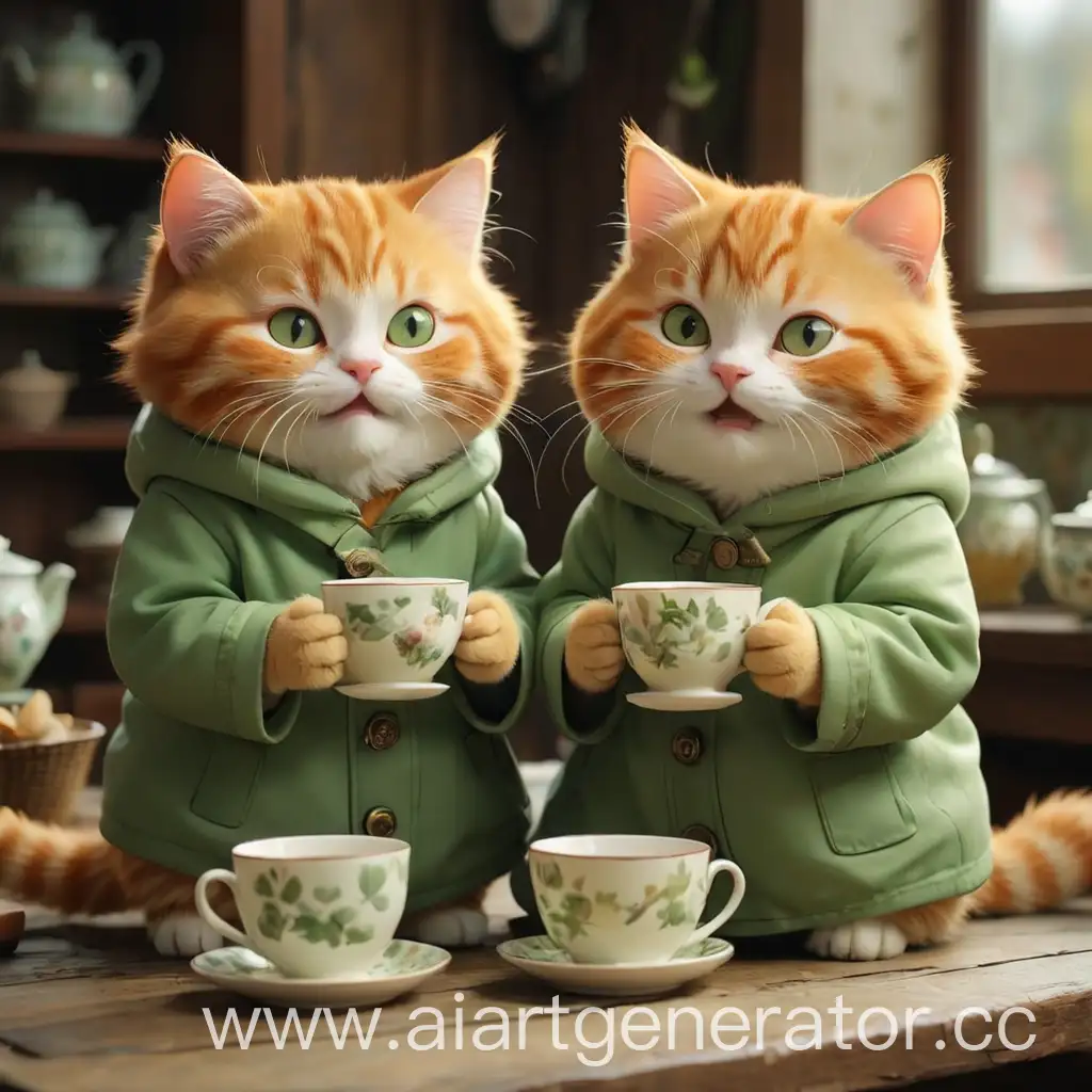 два рыжих толстеньких котика в зеленых курточках пьют чай и весело проводят время