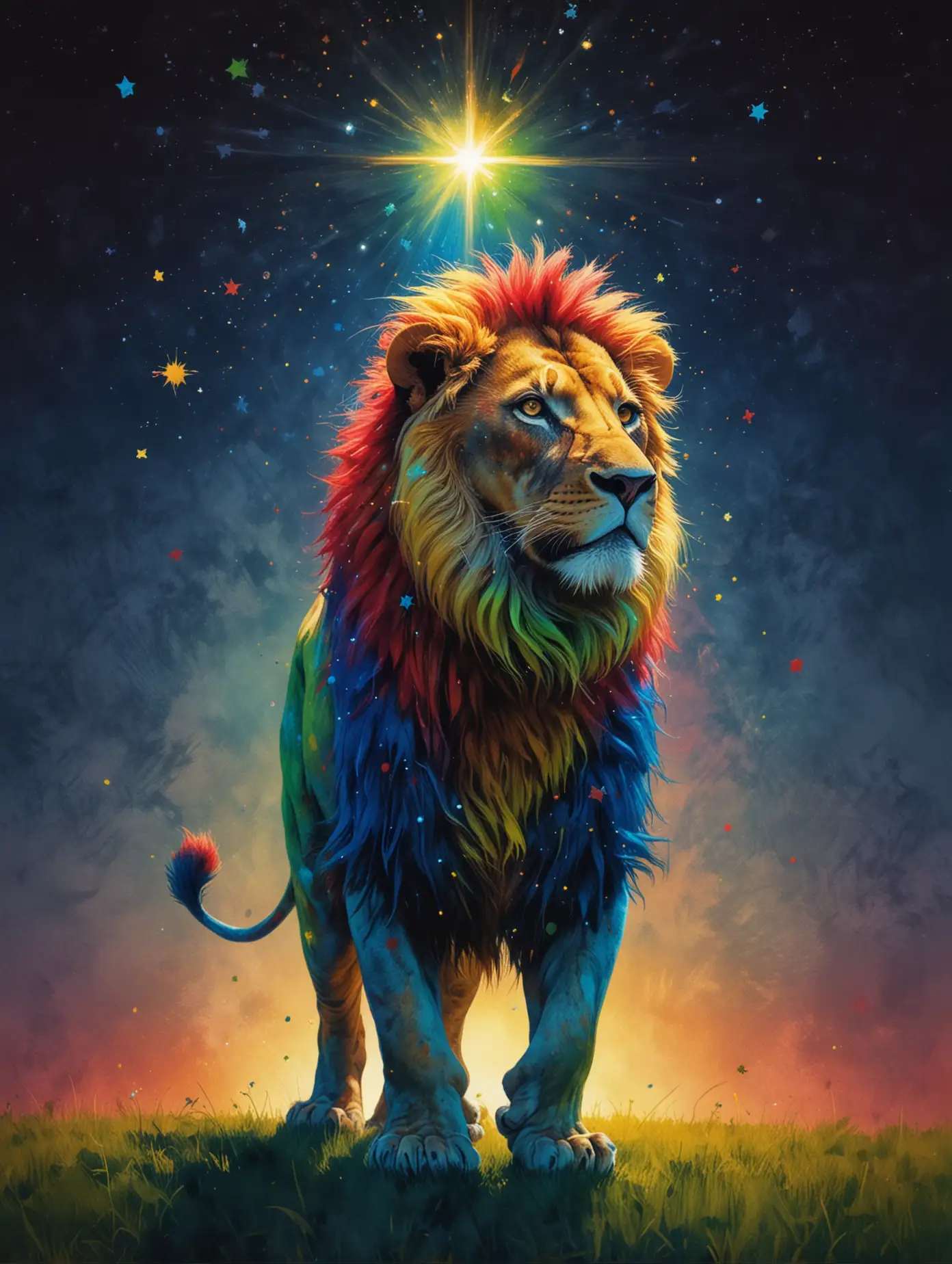 Lion Walking at Night Under Bright Star Classy Artistic Tie Dye Minimalist Image