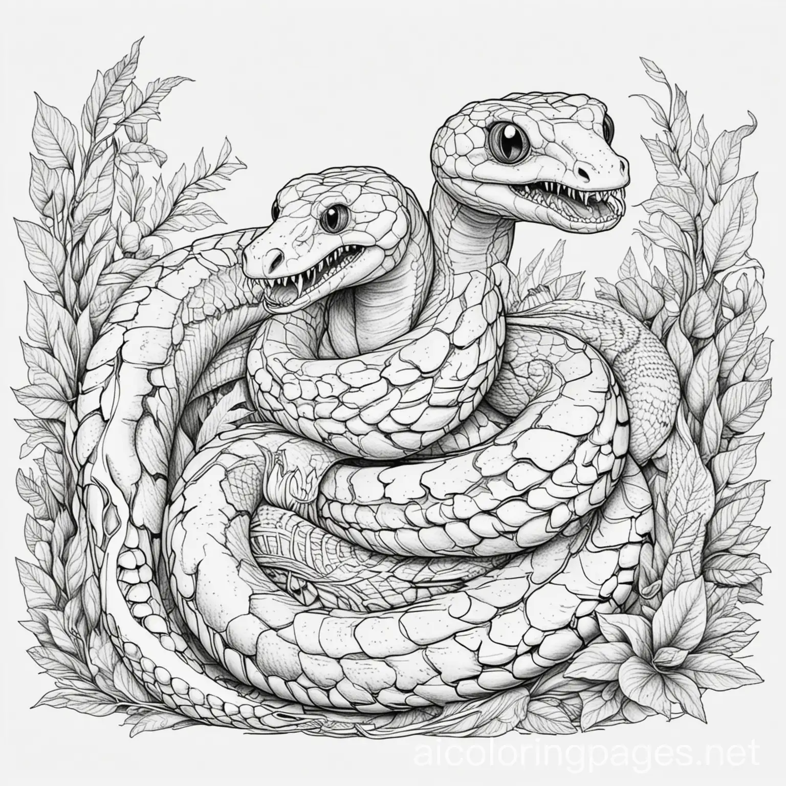 snakes scary pretty, Coloring Page, black and white, line art, white background, Simplicity, Ample White Space. The background of the coloring page is plain white to make it easy for young children to color within the lines. The outlines of all the subjects are easy to distinguish, making it simple for kids to color without too much difficulty