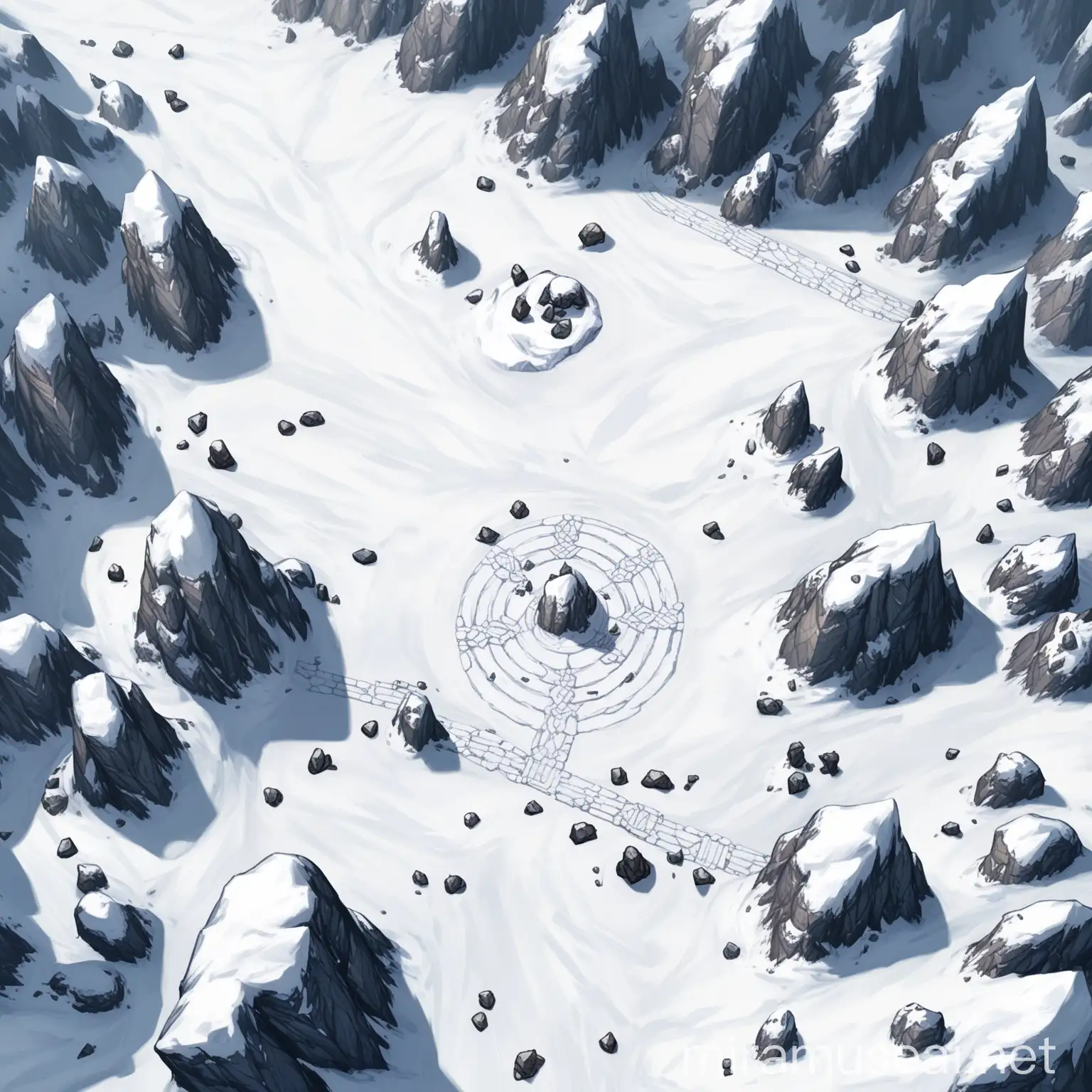 Top View Snow Mountain Path with Scattered Rocks DnD Encounter