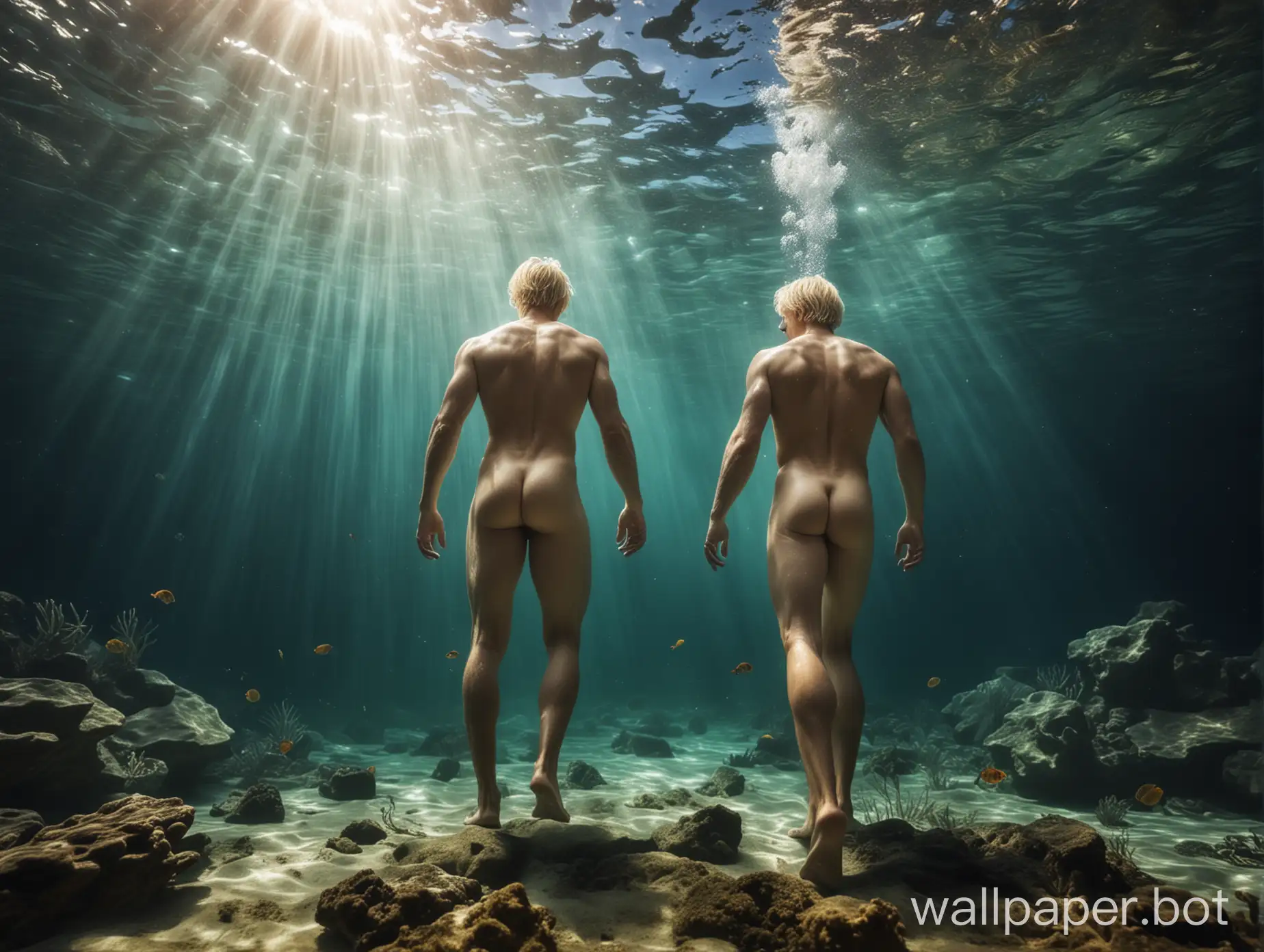 handsome naked blonde guy in beautiful underwater world, long legs, back view