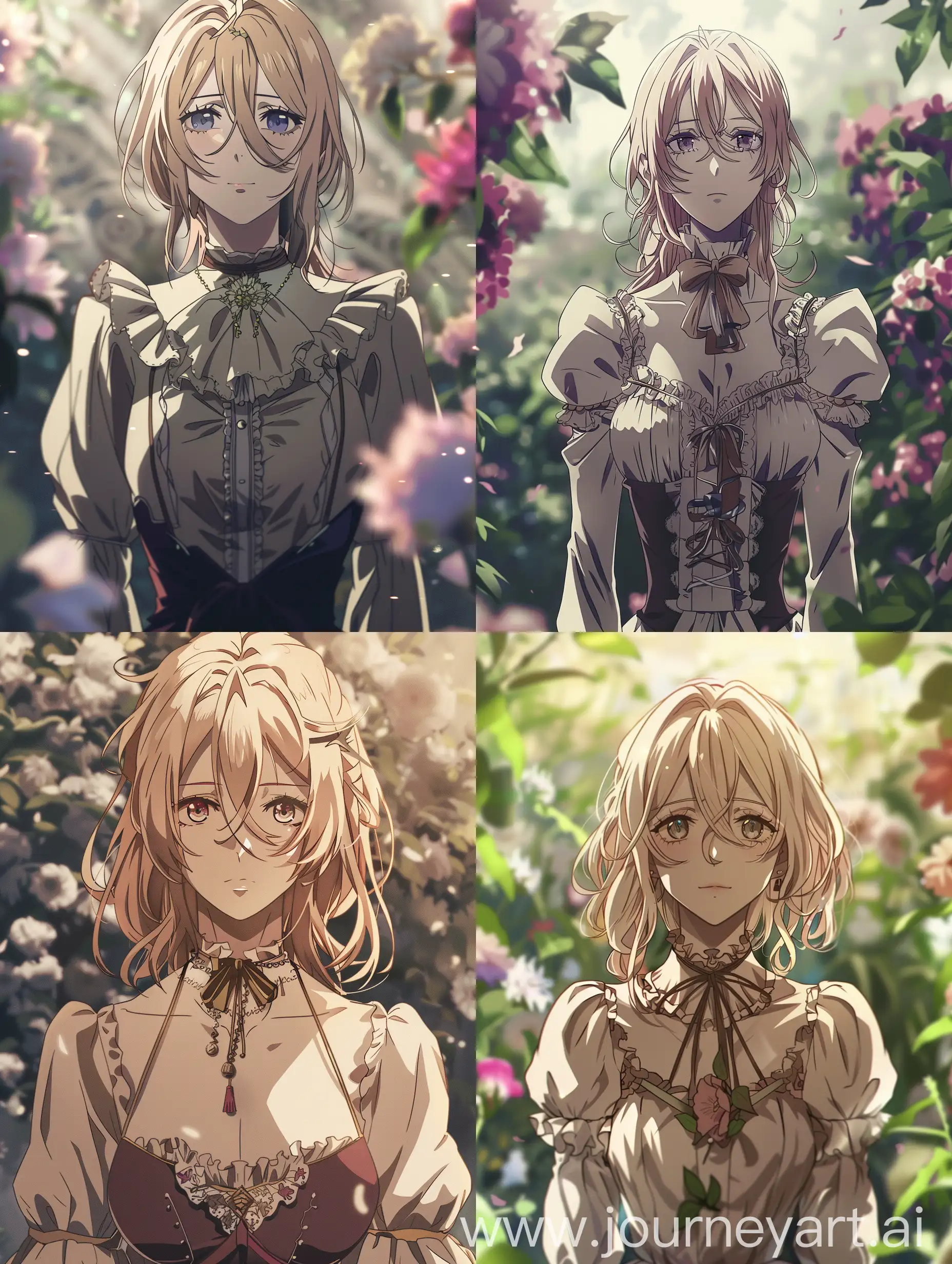 Violet Evergarden, with a soft anime style, her face and the upper half of her body.