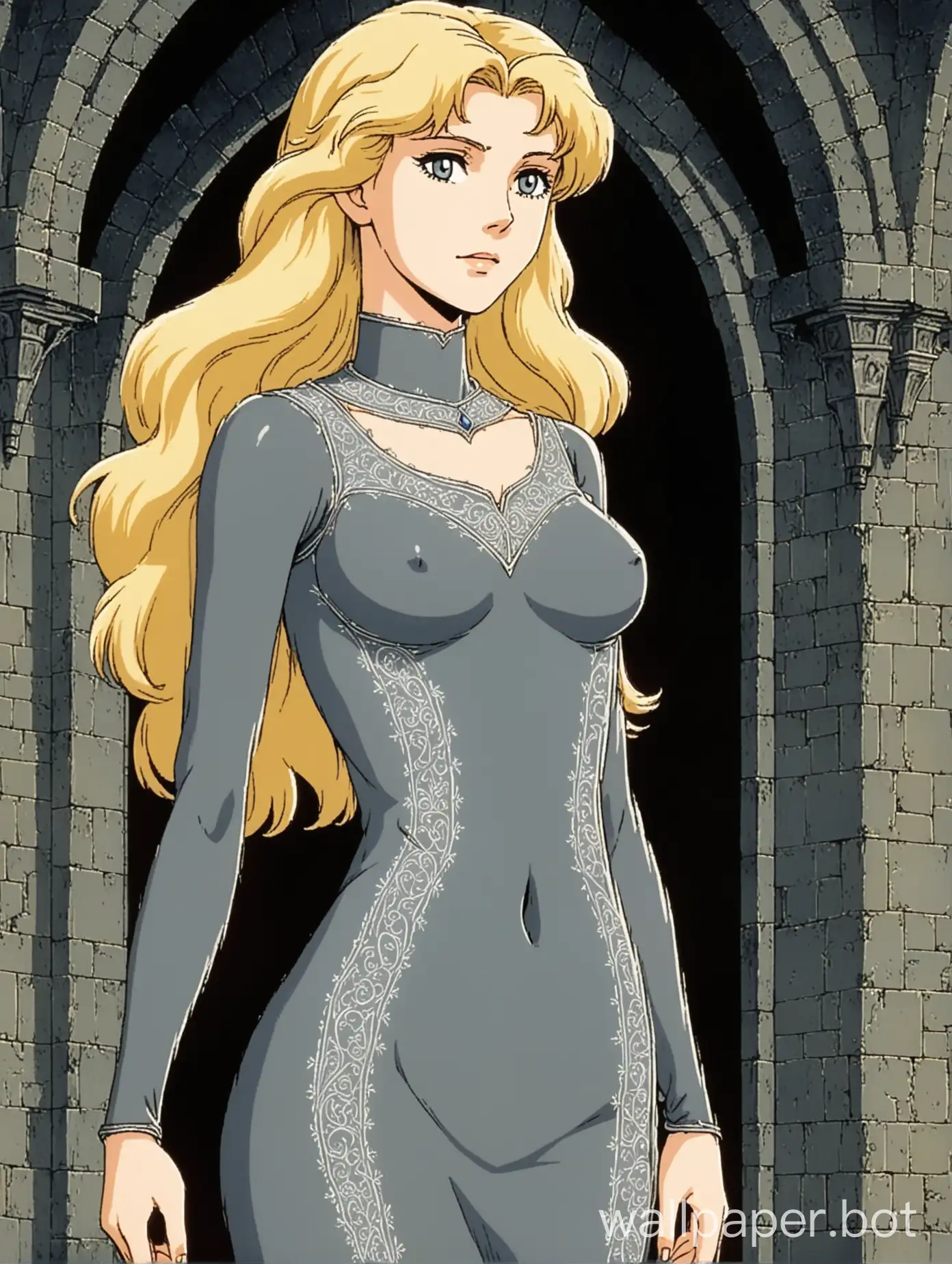 a young and attractive white woman, she has long wavy white-blonde hair, standing regally, elegant and slender, thin sharp face, wearing a sheer thin dark grey skintight dress, braless, ornate stitching, medieval elegance, castle interior, 1980s retro anime,