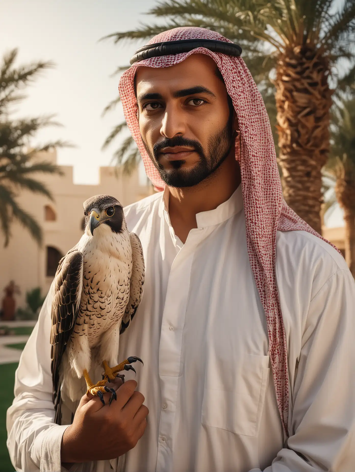 Photo of an Arab tycoon posing with his pet falcon on the outdoor lawn, face like a camera, confident eyes. Soft light style, cinematic style, surreal style portrait photos, high resolution, natural color grading, no contrast, clean and clear focus.