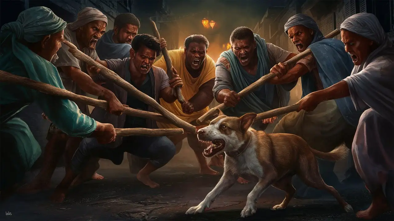 Indian People Attacking Street Dog with Sticks Dark Scene Photography