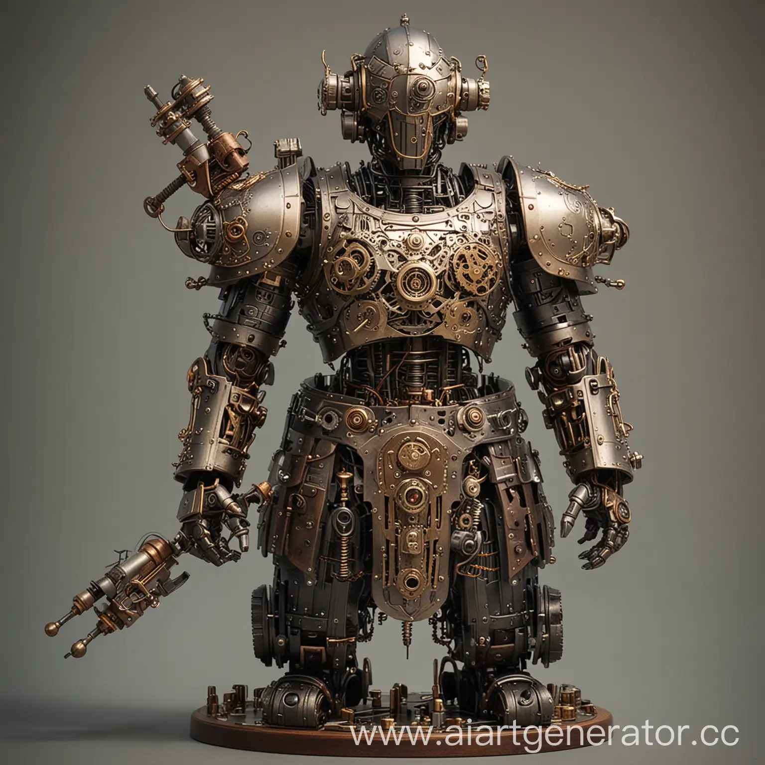 dnd small mechanical automaton mechanism with half plate armor with lot of instruments on the belt steampunk