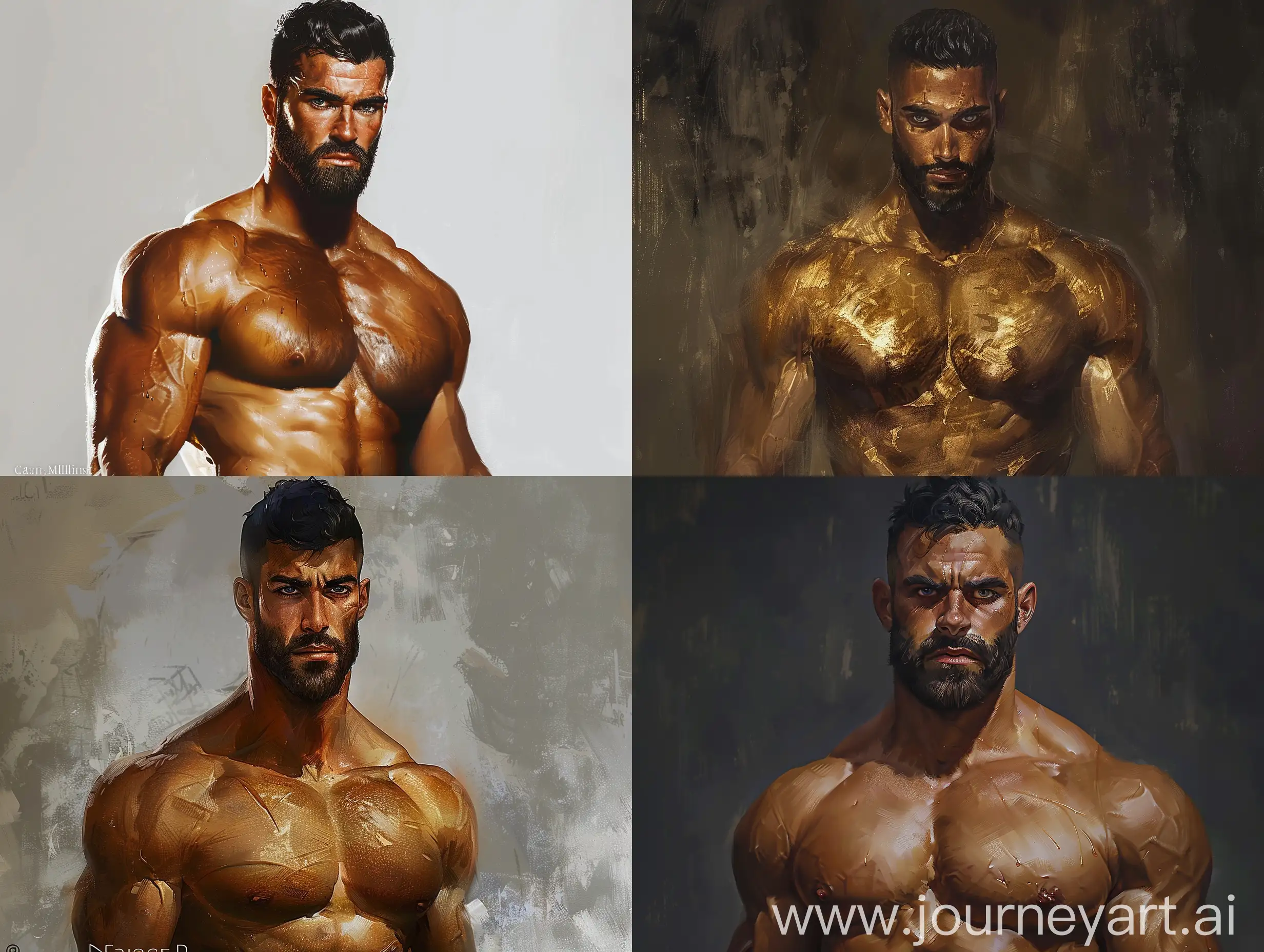 detailed, intricate, stunning, extremely realistic painted realism, detailed digital painting concept art, detailed paiting by gaston bussiere, craig mullins A mystical, dreamlike portrait in a cinematic style, evoking. A supernatural god as a man. Full body view Golden bronze skin, glossy black hair, short beard, grey eyes, very muscular and toned, incredibly handsome. 