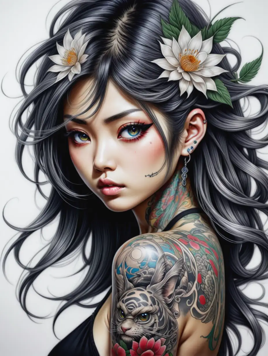 apanese woman with tattoos, beautiful hair and stunning eyes, art style in the style of Yoshitaka Amano, high definition, high resolution, hyper detailed, masterpiece