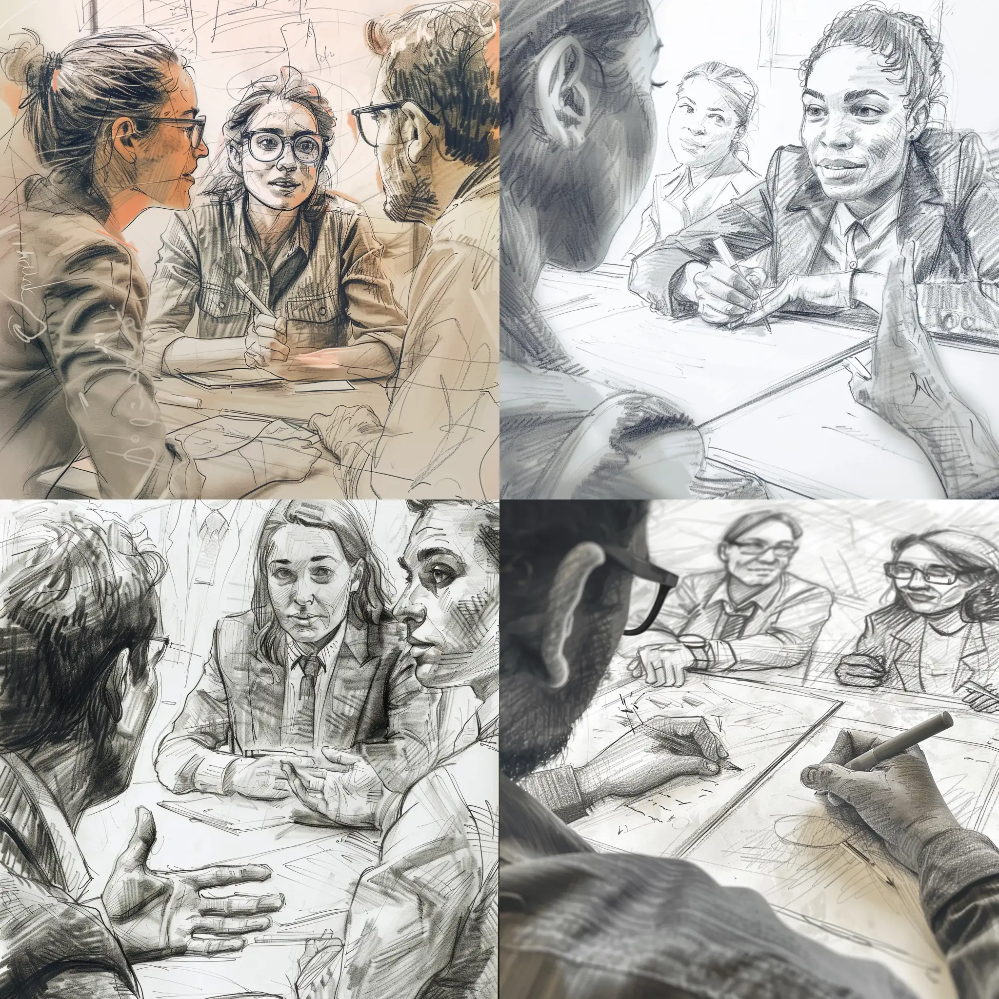 A detailed sketch with graphite pencil and subtle, minimal color accents depicting close-up shots of participants discussing new business ideas in a meeting. The frames focus on expressive faces, hands gesturing, and notes being taken. The setting is a modern office with natural light from windows, creating a professional and engaged atmosphere." --s 0 --v 6.0 --style raw