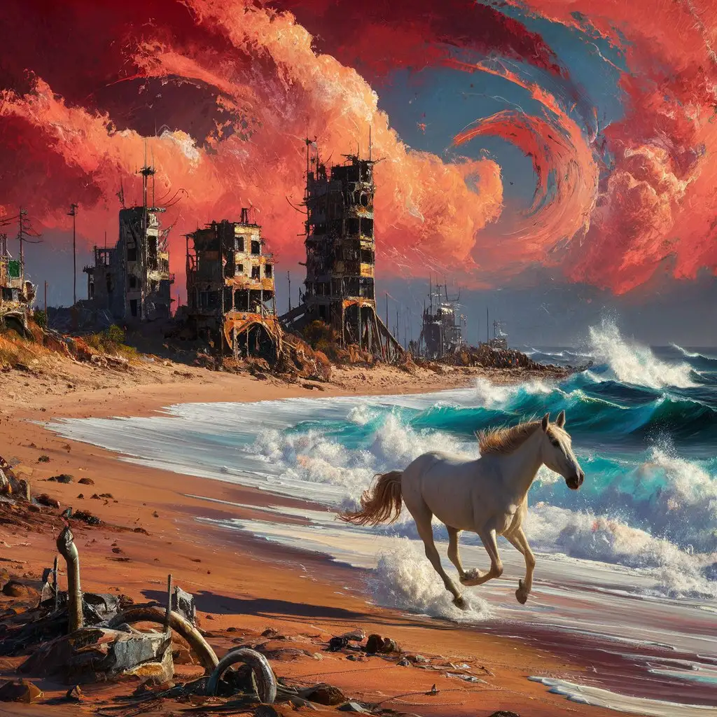 Impressionist PostApocalyptic Beach Town Landscape Vibrant Colors with Silhouette of White Horse