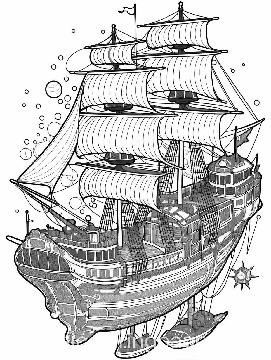 Treasure Planet galactic rocket powered pirate ship flying through outer space, Final Fantasy steampunk airship, floating crystals, flying fantasy sea creatures, Coloring Page, black and white, line art, white background, Simplicity, Ample White Space. The background of the coloring page is plain white to make it easy for young children to color within the lines. The outlines of all the subjects are easy to distinguish, making it simple for kids to color without too much difficulty