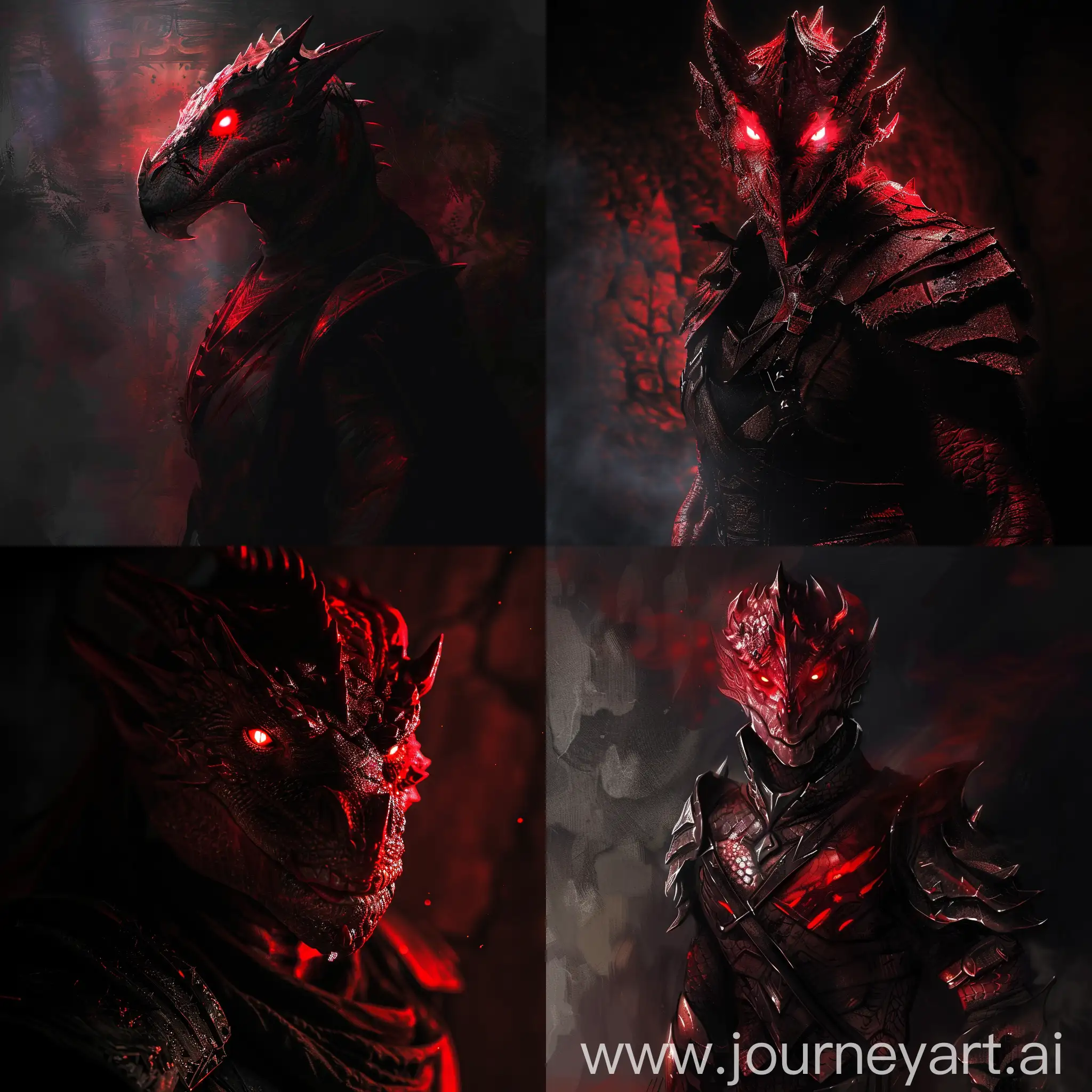 Bloody red dnd dragonborn warrior with glowing red eyes that standing in the shadow