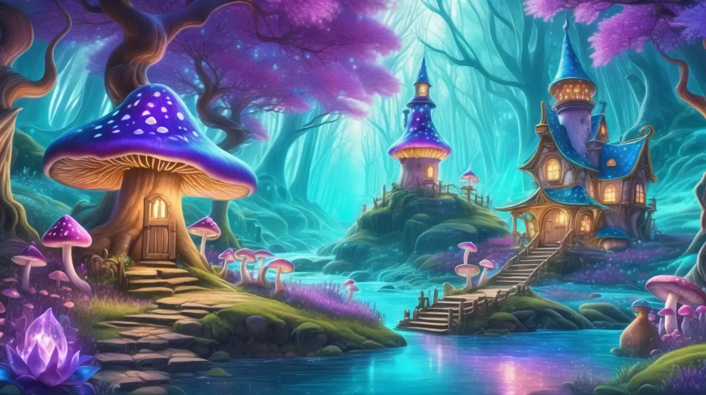 Forest of Bright royal-green and blue big, flower trees, purple, pink surrounded in turquoise dust. Bright-purple-river. Daylight, 8k, fairytale mushrooms, glowing. Magical, fantasy and potions and golden vintage lanterns. Mushroom-lanterns and florescent ice and bookshelf