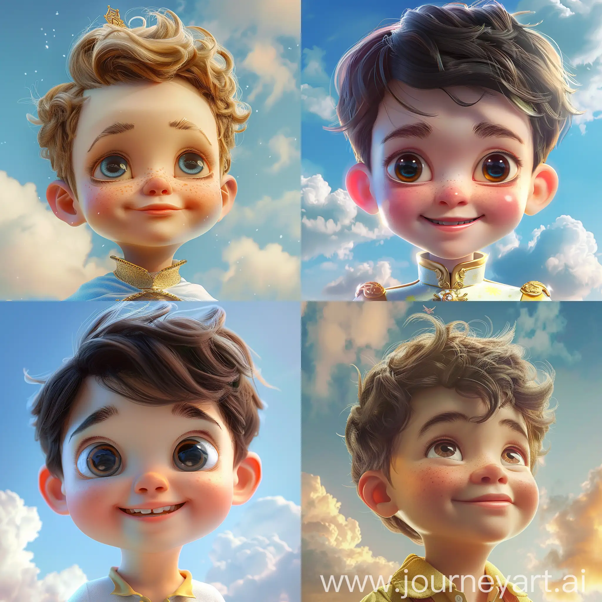 A young boy, Disney Prince, baby face, exquisite facial features, big eyes, high nose, smiling lips, fantastic style, vast sky, bold and colorful portraits, bayard wu, rtx, spotlight, game cg, 3D, 