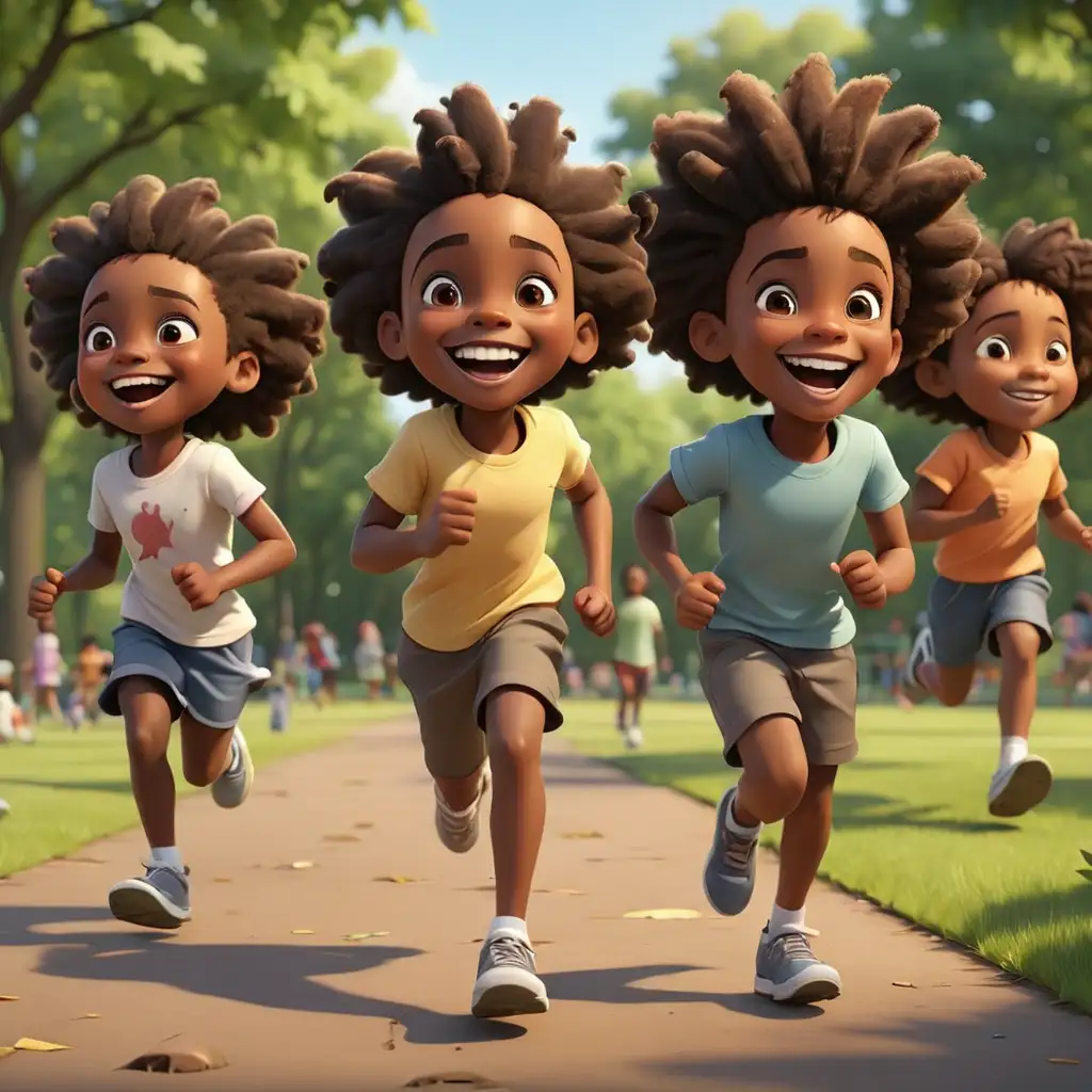 defined 3D cartoon-style African American kids running in the park smiling  