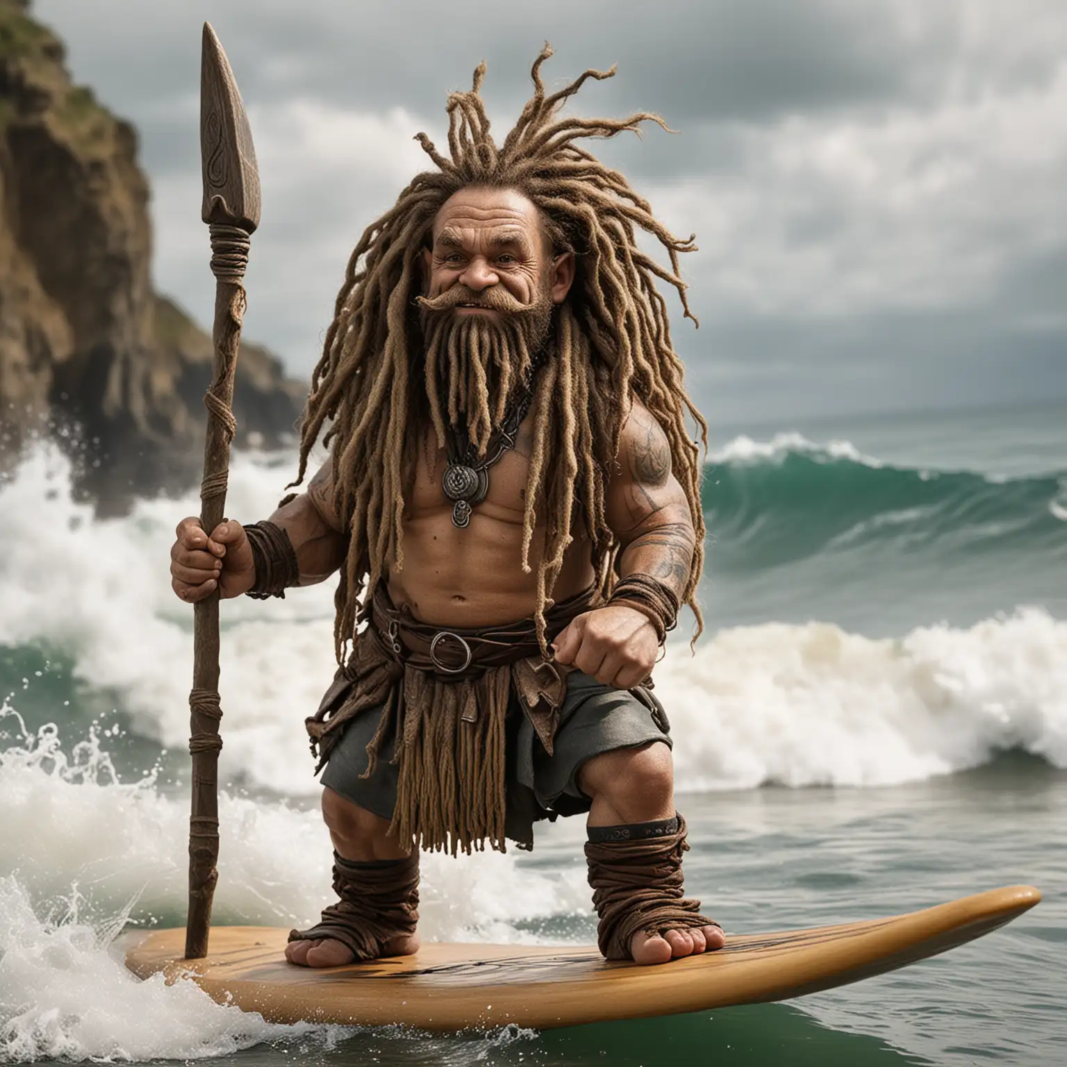 Surfing dwarf with dreadlocks holding a spear