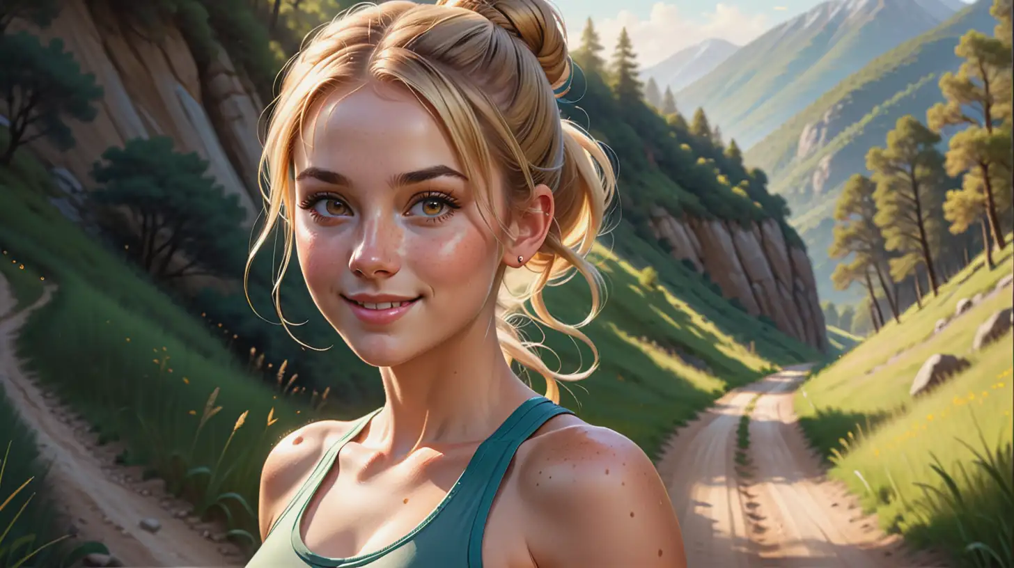 Draw a woman, long blonde hair in a bun, gold eyes, freckles, perky figure, athletic clothing, high quality, realistic, long shot, natural lighting, outdoors, hiking trail, seductive pose, smiling toward the viewer