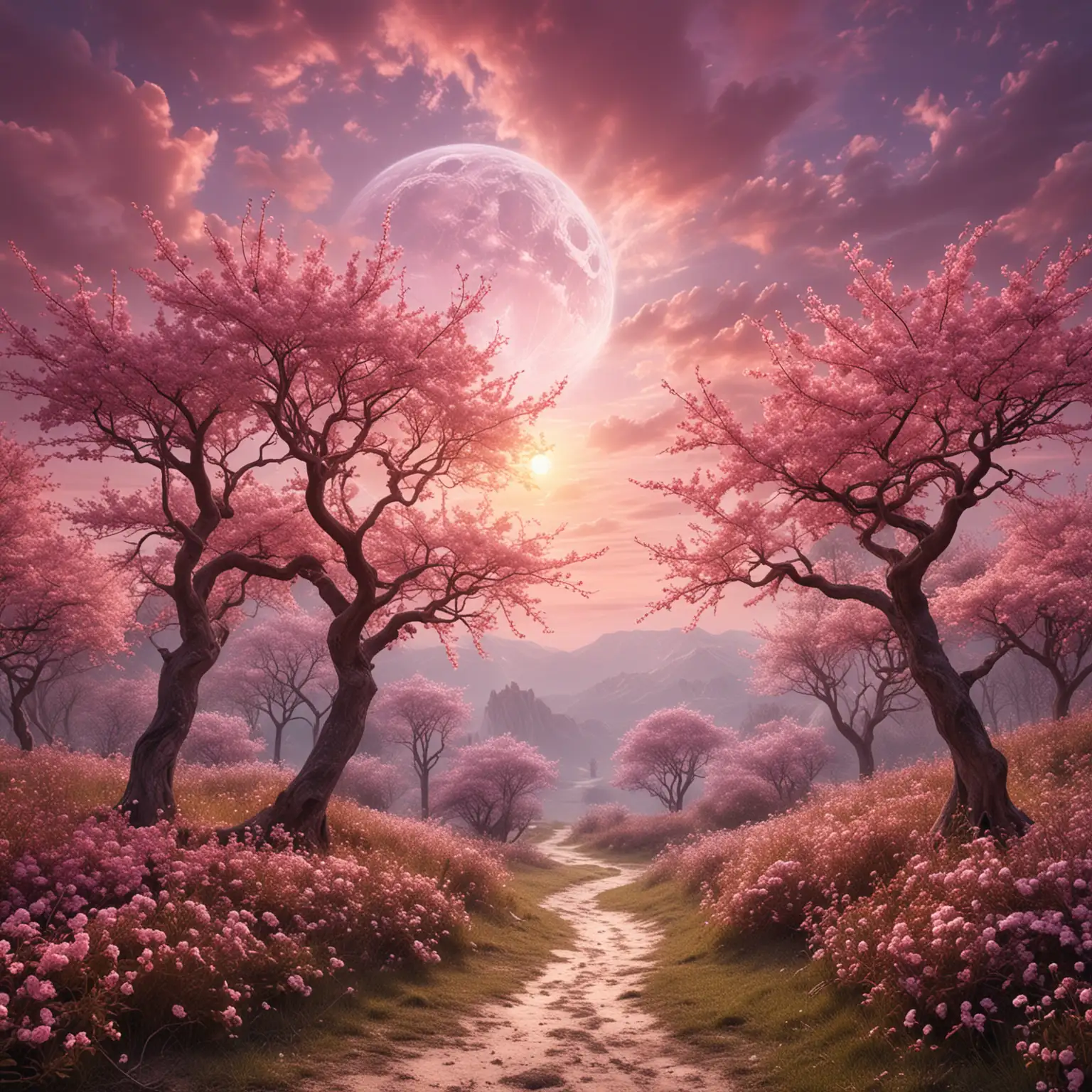 Enchanted Floral Landscape with Mysterious Pastel Tones and Celestial Presence