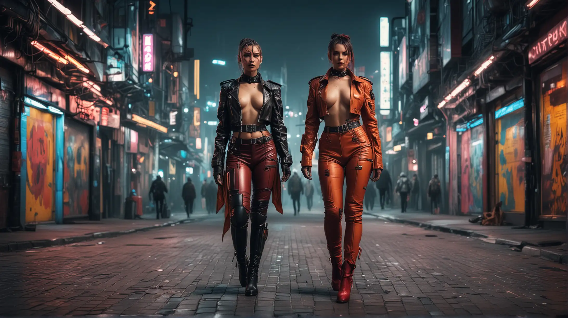 Three cyberpunk women in colourful leather uniforms with long trouses walk along the street of a cyberpunk city, dark, many lights, beautiful weather