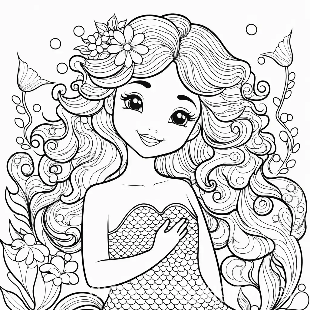 happy cute mermaid  with curly hair with flowers in the hair and around  coloring page for kids with white background, Coloring Page, black and white, line art, white background, Simplicity, Ample White Space