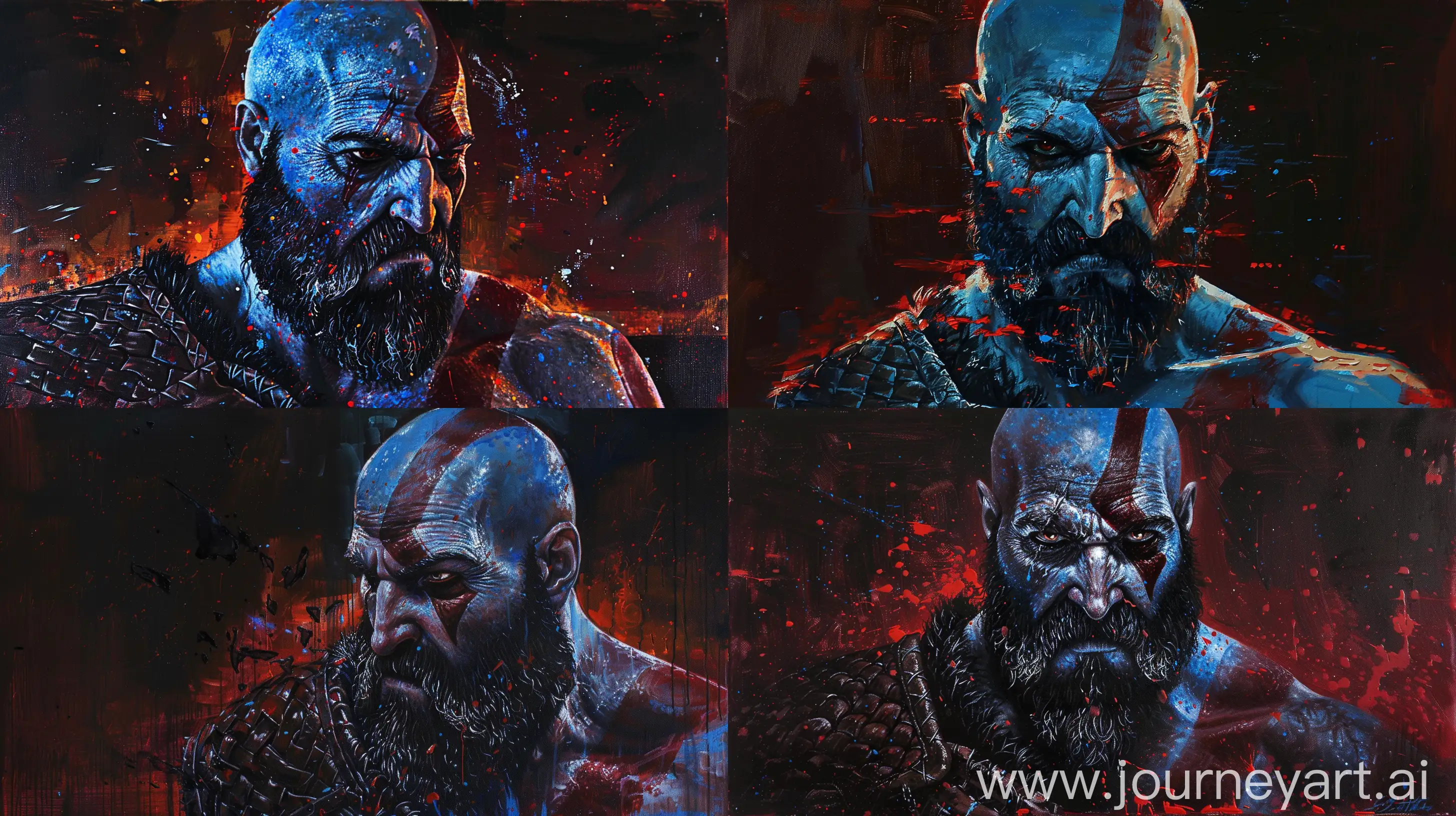 oil painting of kratos from god of war in star wars style in dark colors with metallic blues and red accents. The background is dark with a red hue, The overall mood of the painting is dramatic, hinting at a moment of significance for the character. There are also touches of bright skin tone on face with visible brush strokes --ar 16:9 --c 5

